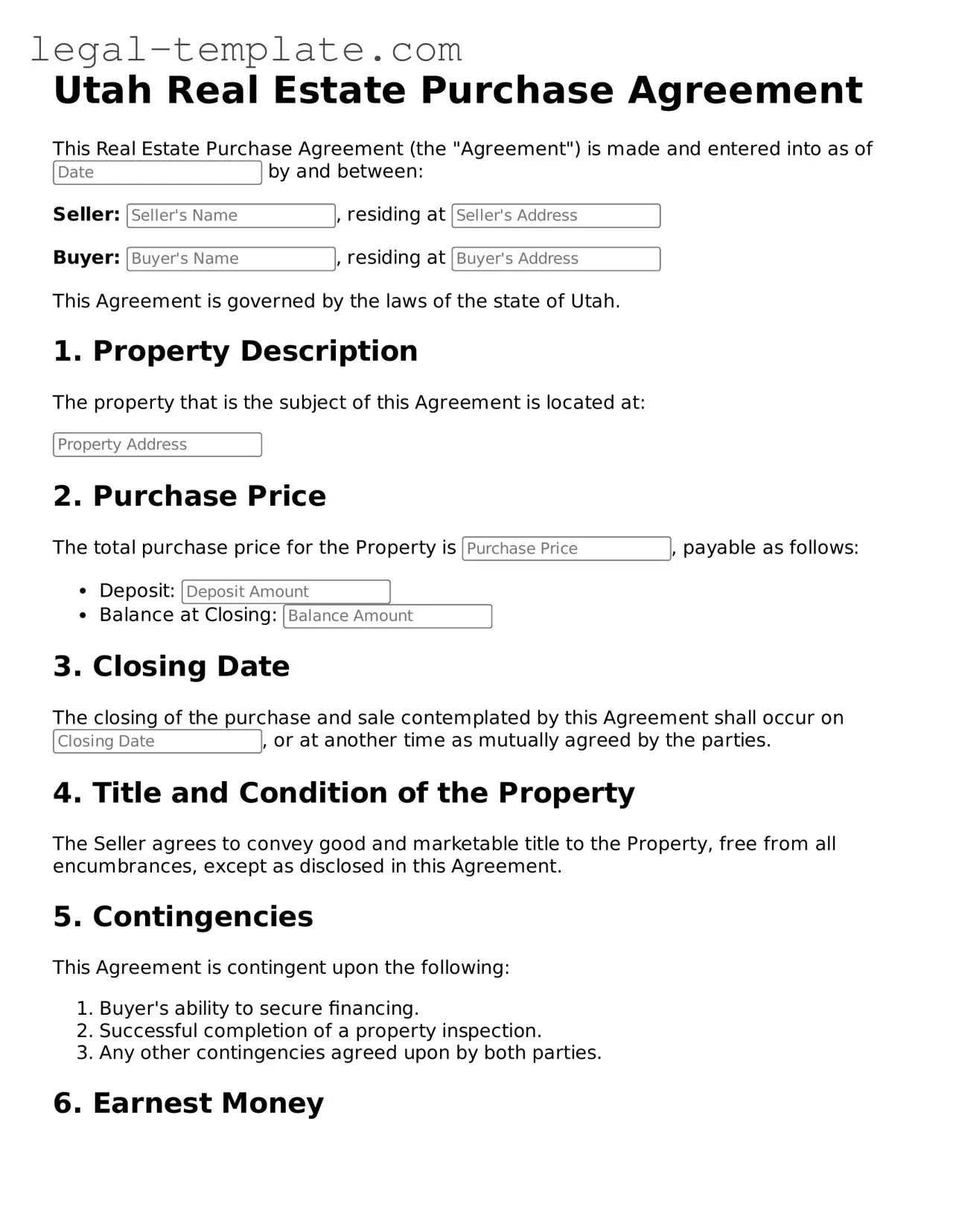 Real Estate Purchase Agreement Form for Utah State