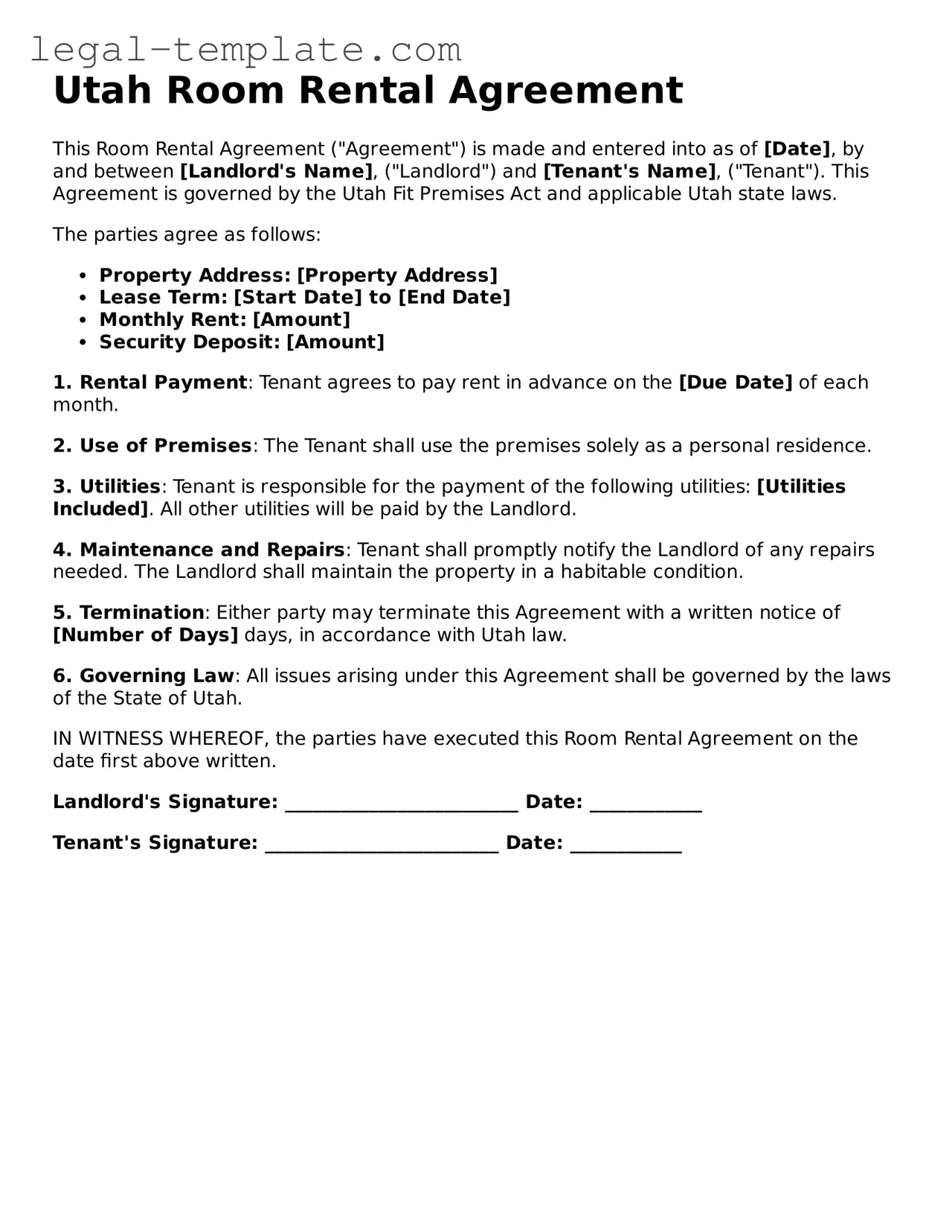 Room Rental Agreement Form for Utah State