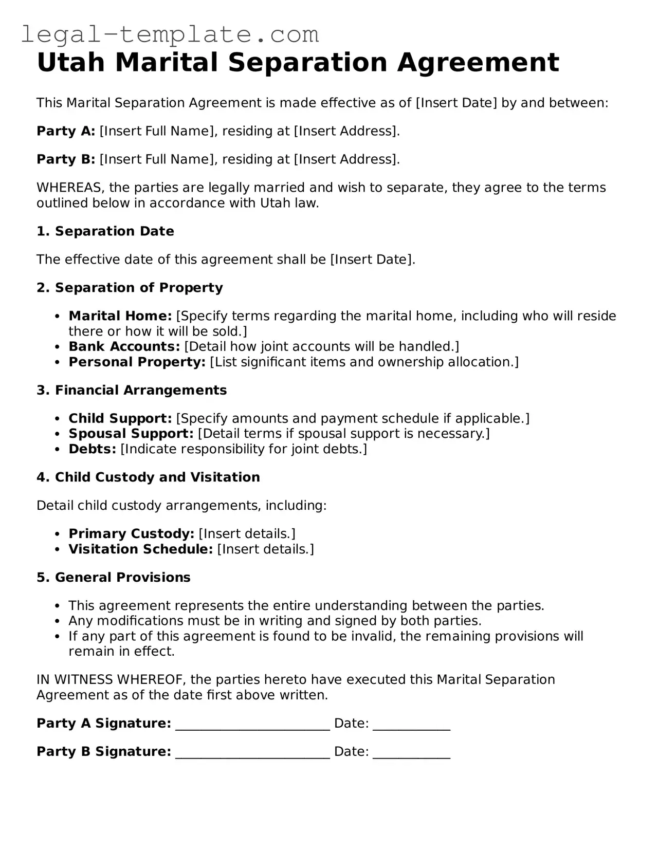 Marital Separation Agreement Form for Utah State