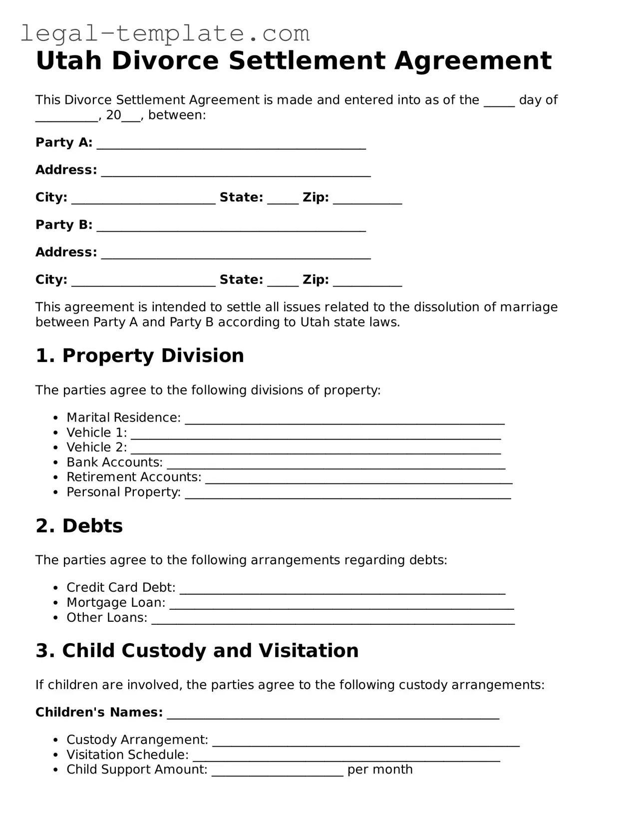 Divorce Settlement Agreement Form for Utah State