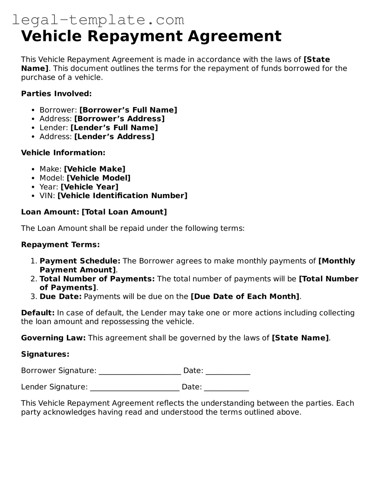 Printable Vehicle Repayment Agreement Template