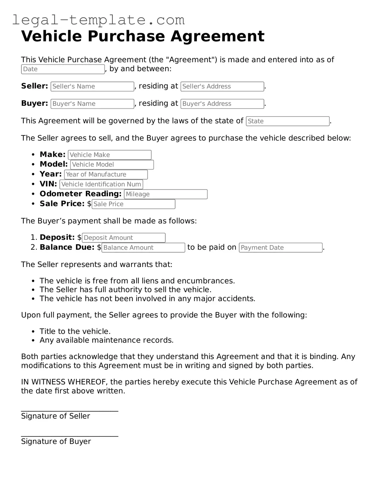 Printable Vehicle Purchase Agreement Template