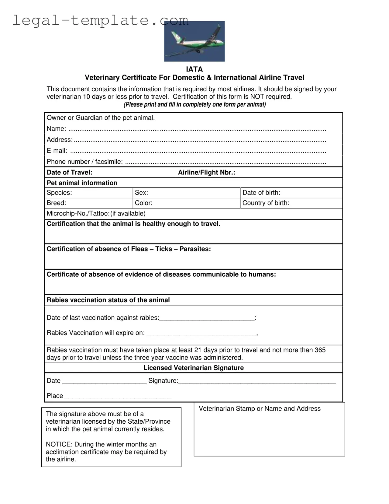 Free Veterinary Certificate Travel Template in PDF