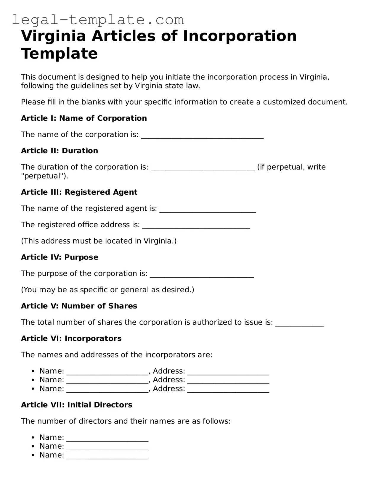 Articles of Incorporation Form for Virginia State