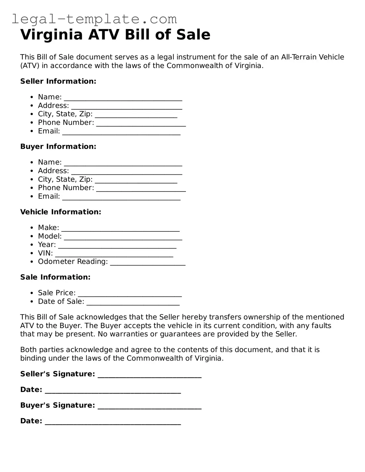 ATV Bill of Sale Form for Virginia State