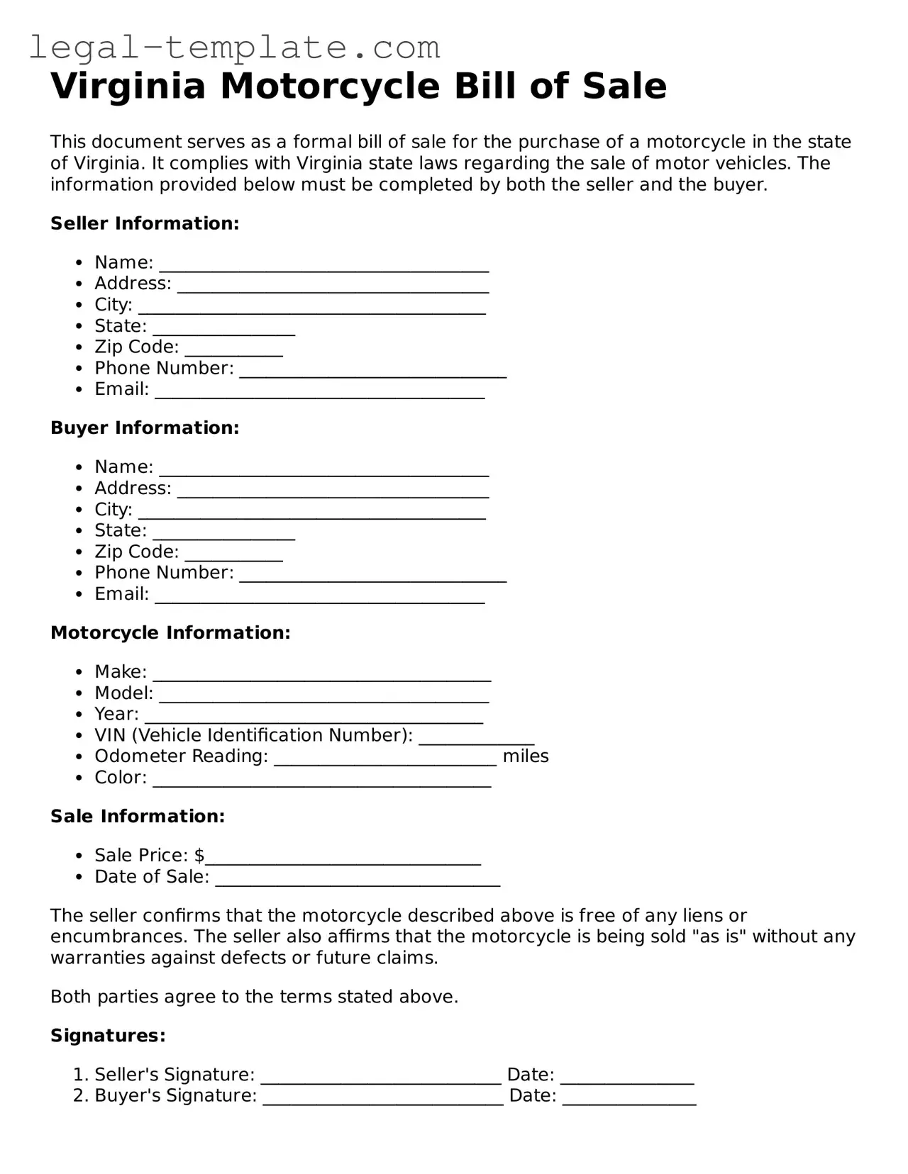 Motorcycle Bill of Sale Form for Virginia State