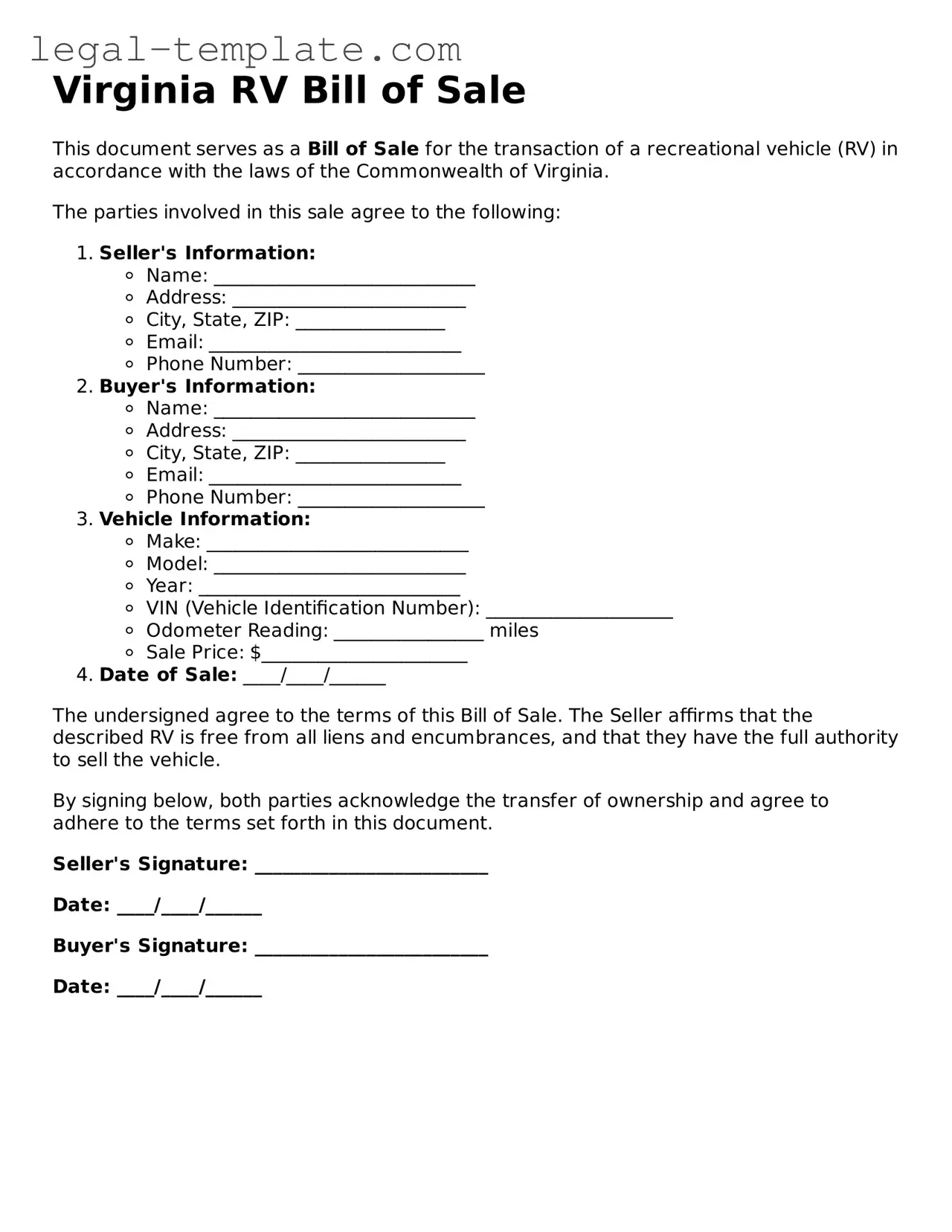 RV Bill of Sale Form for Virginia State
