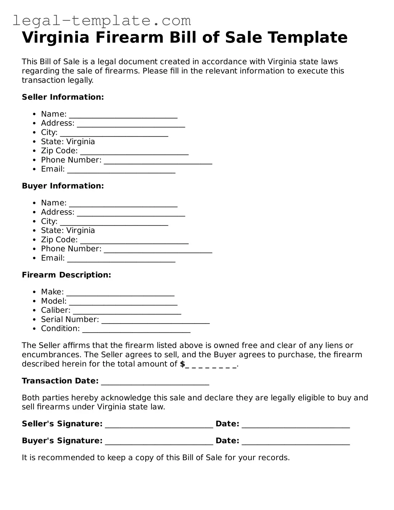 Firearm Bill of Sale Form for Virginia State