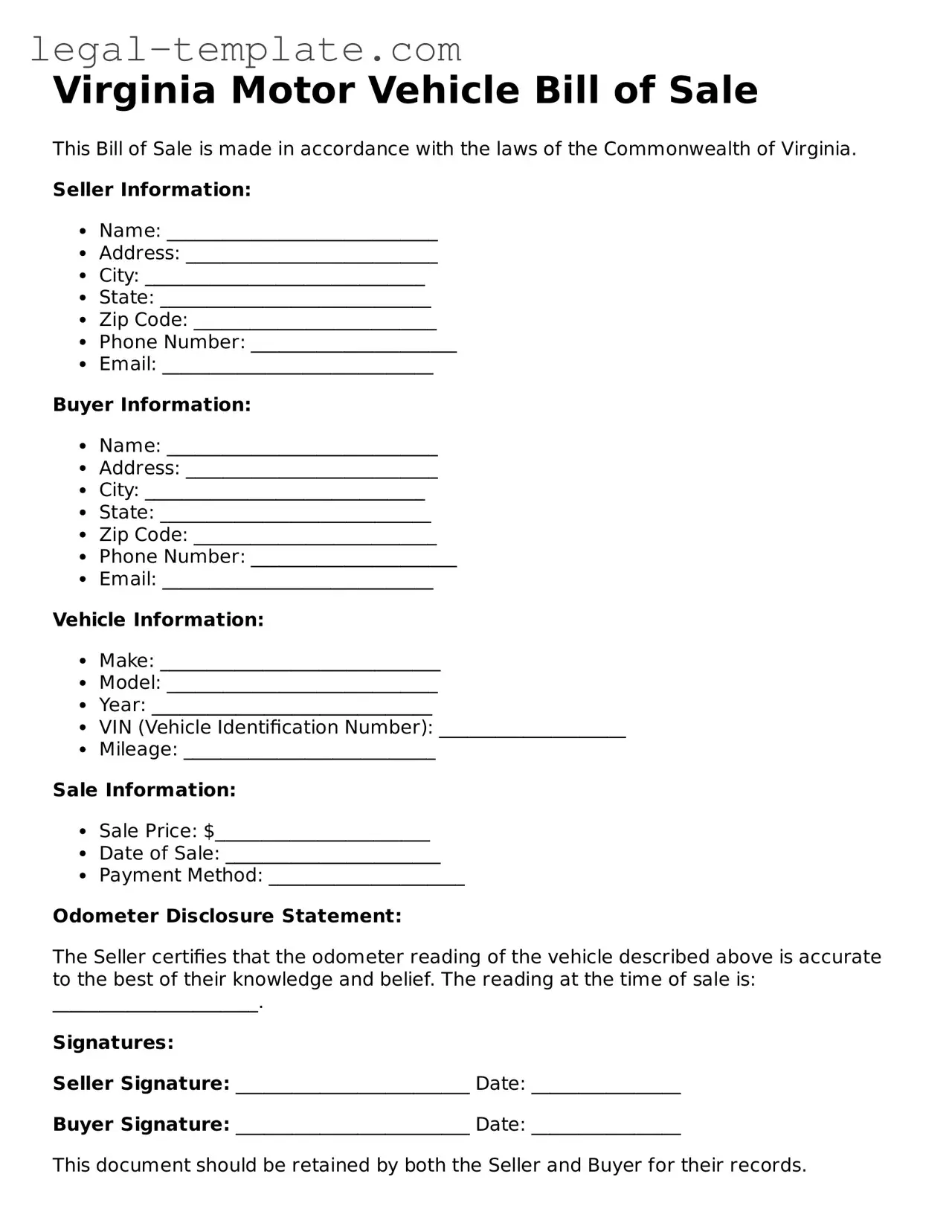 Motor Vehicle Bill of Sale Form for Virginia State