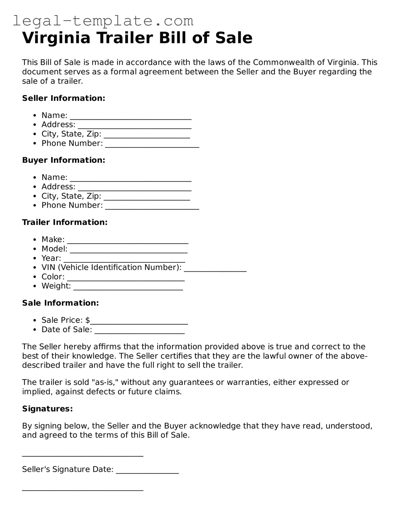 Trailer Bill of Sale Form for Virginia State