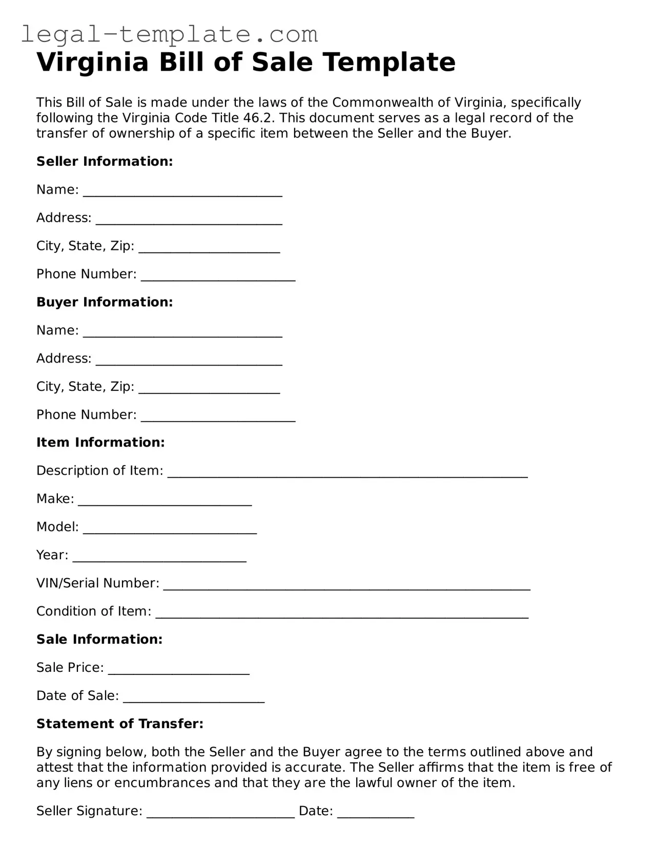 Bill of Sale Form for Virginia State