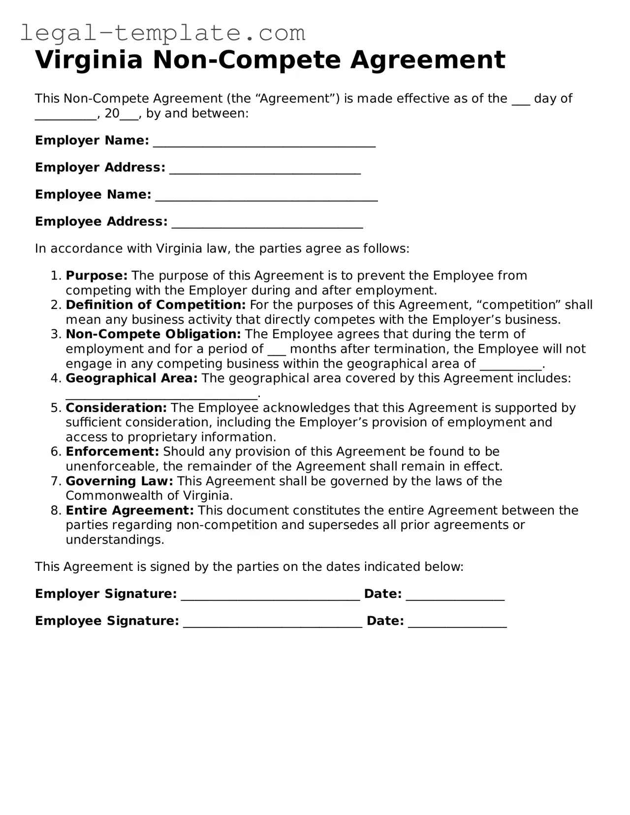 Non-compete Agreement Form for Virginia State