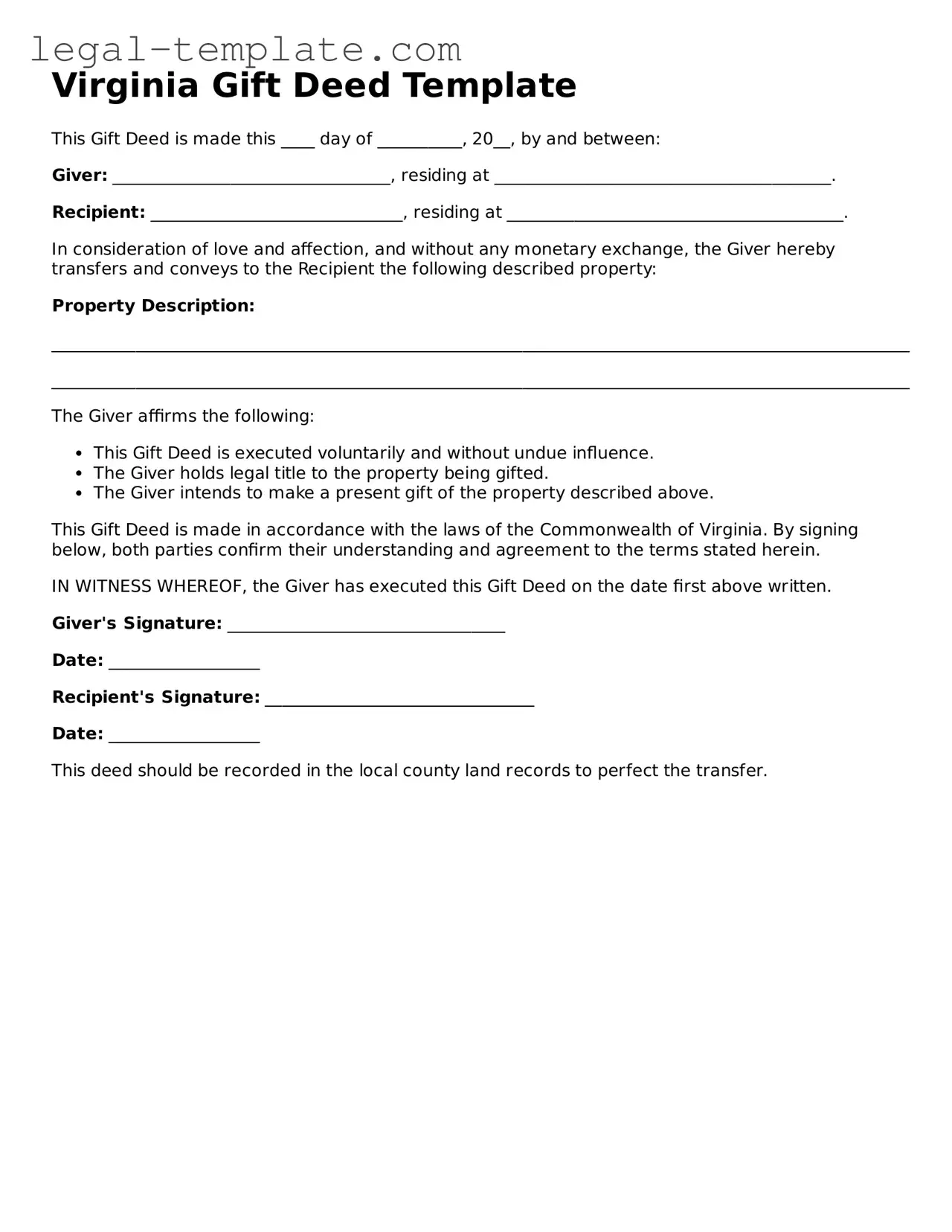 Gift Deed Form for Virginia State