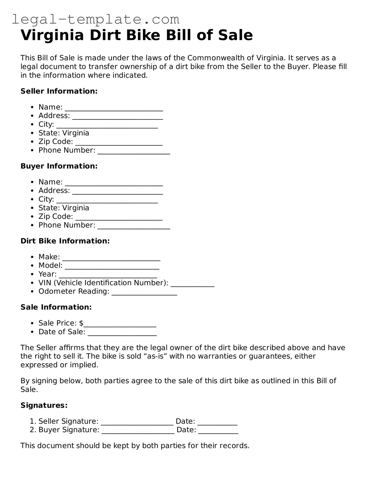 Dirt Bike Bill of Sale Form for Virginia State