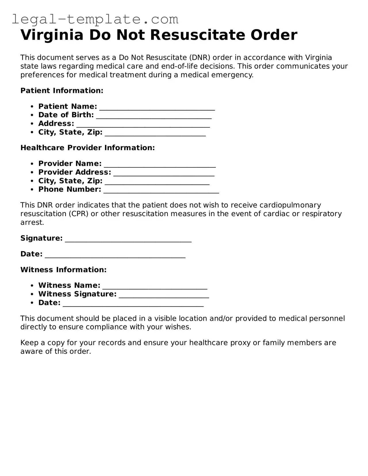 Do Not Resuscitate Order Form for Virginia State