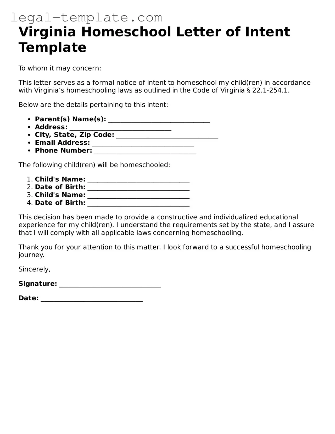 Homeschool Letter of Intent Form for Virginia State