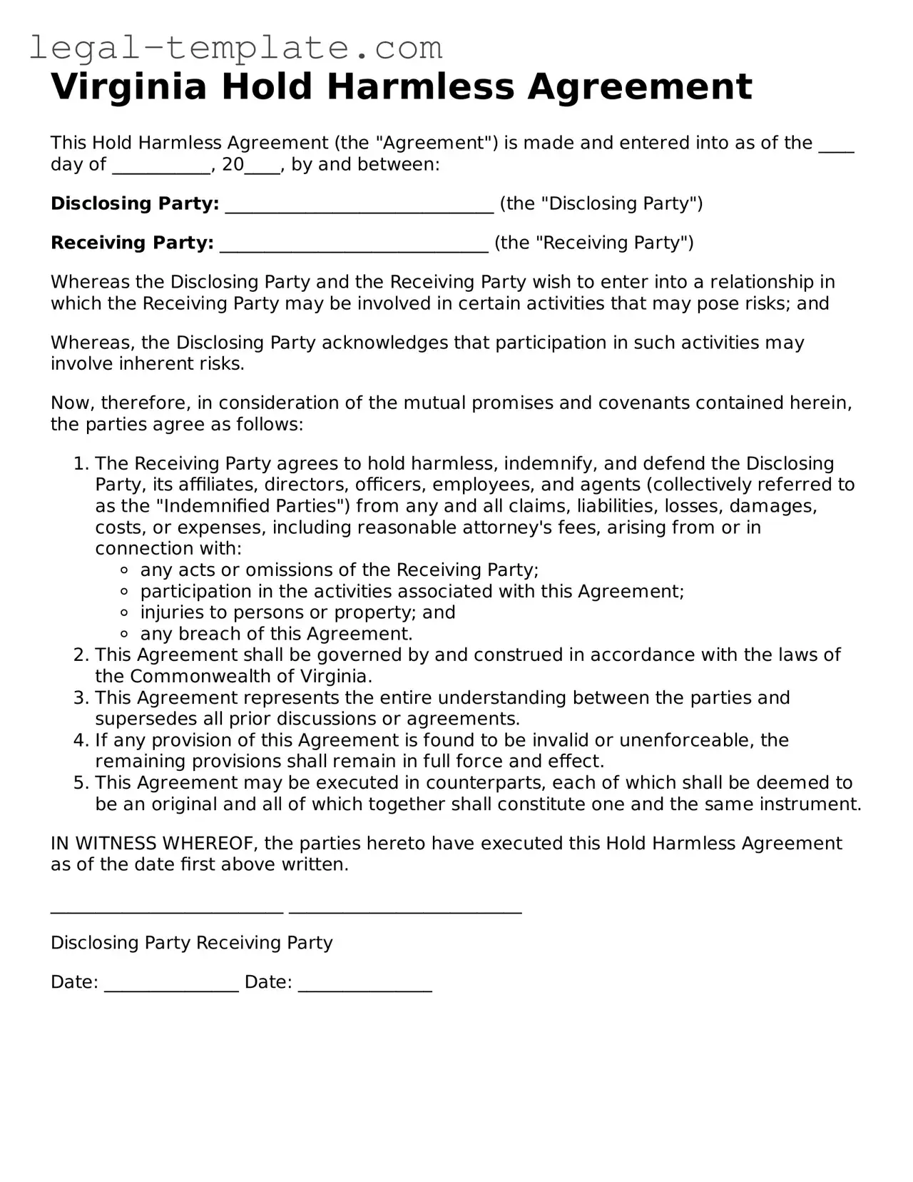 Hold Harmless Agreement Form for Virginia State