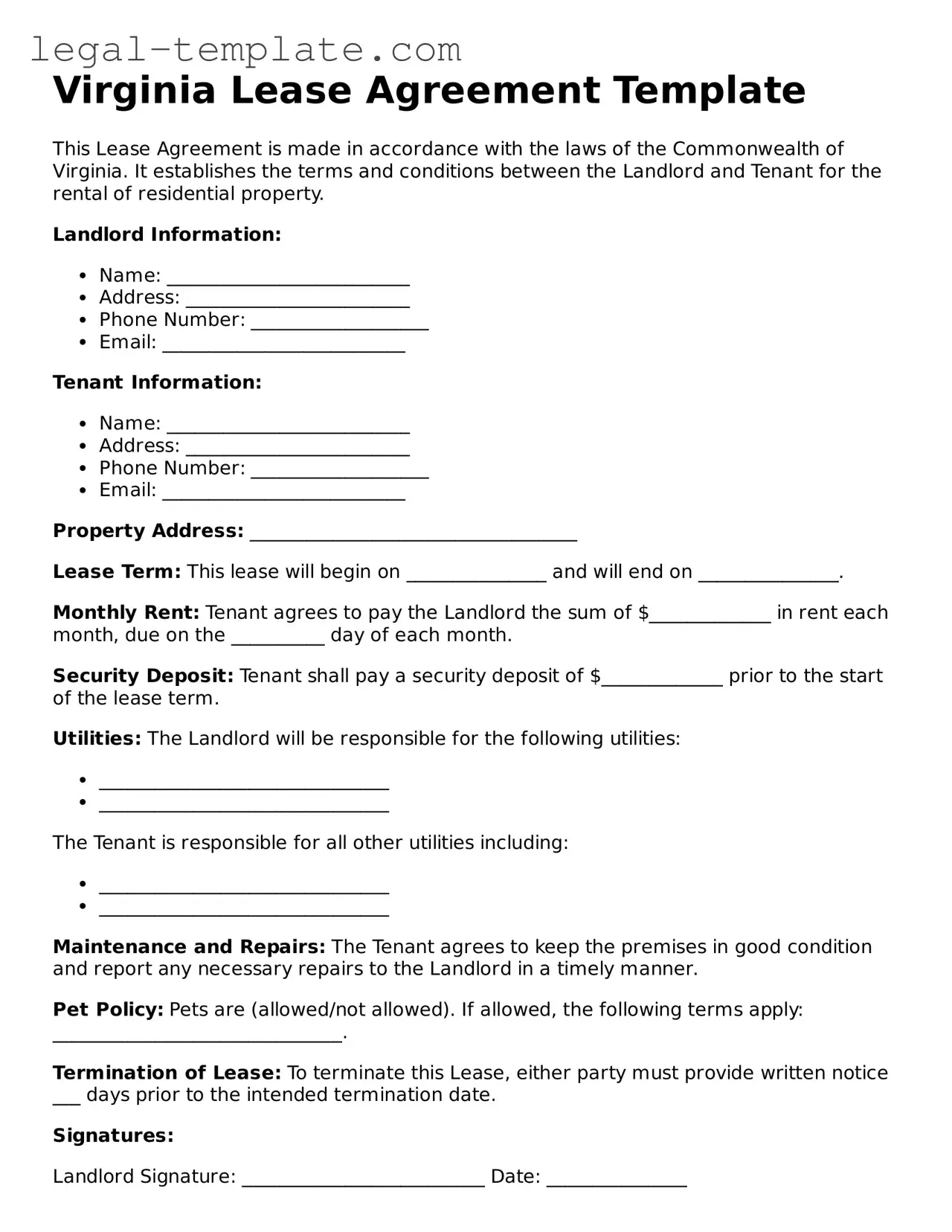 Lease Agreement Form for Virginia State