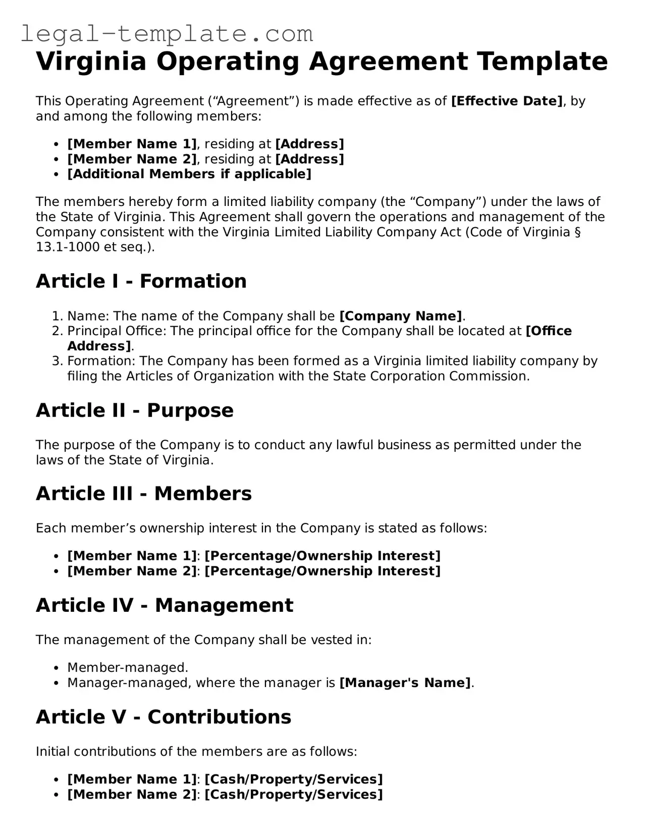 Operating Agreement Form for Virginia State