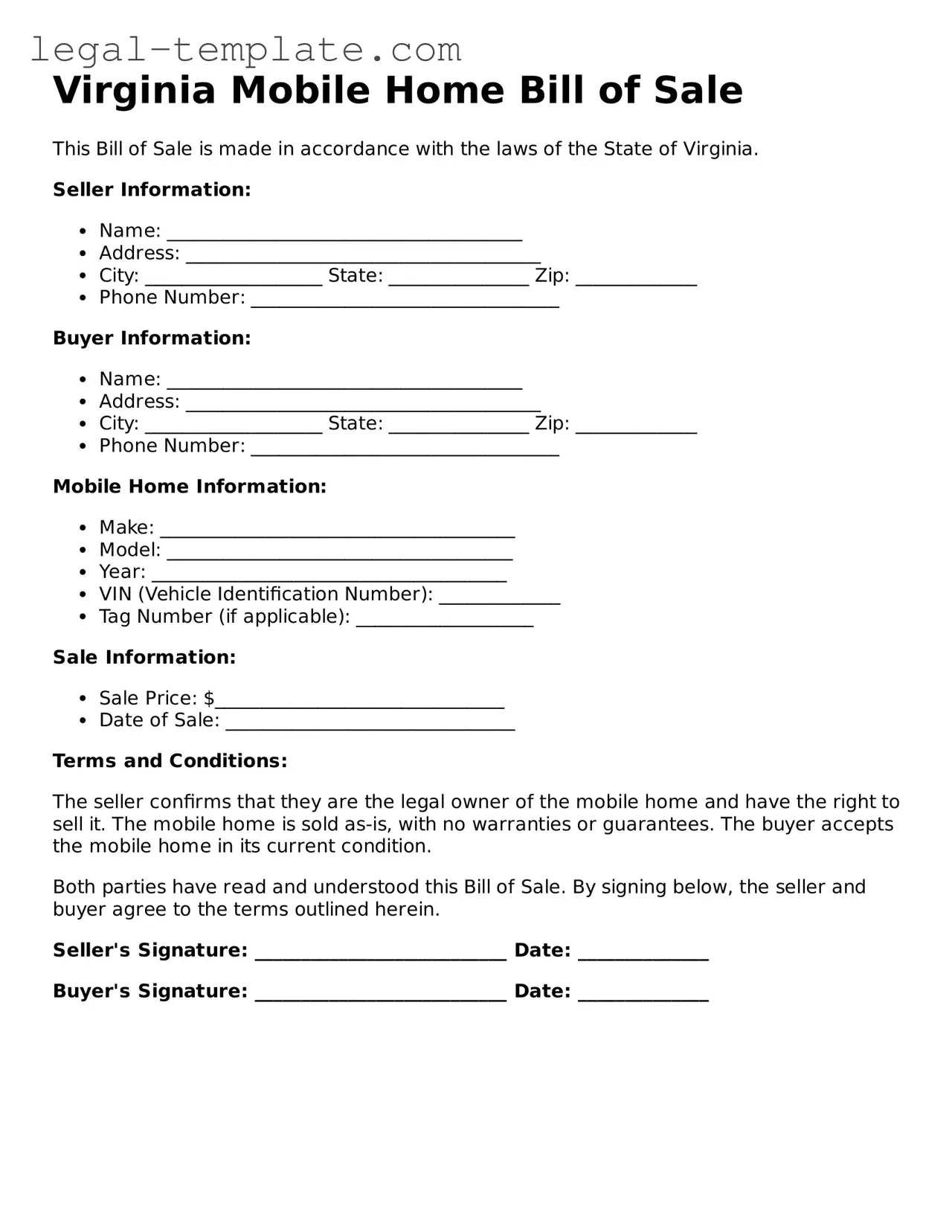 Mobile Home Bill of Sale Form for Virginia State