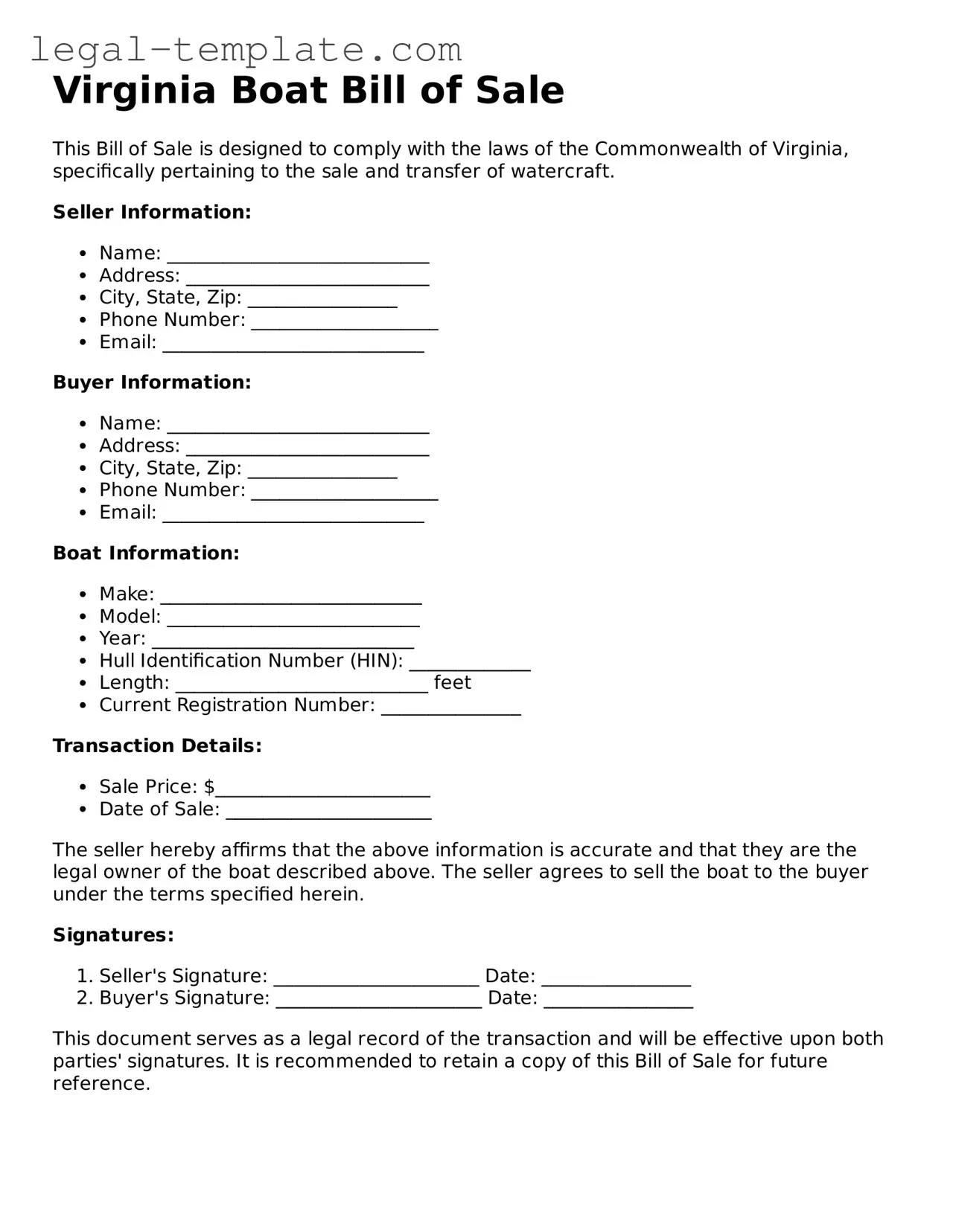 Boat Bill of Sale Form for Virginia State