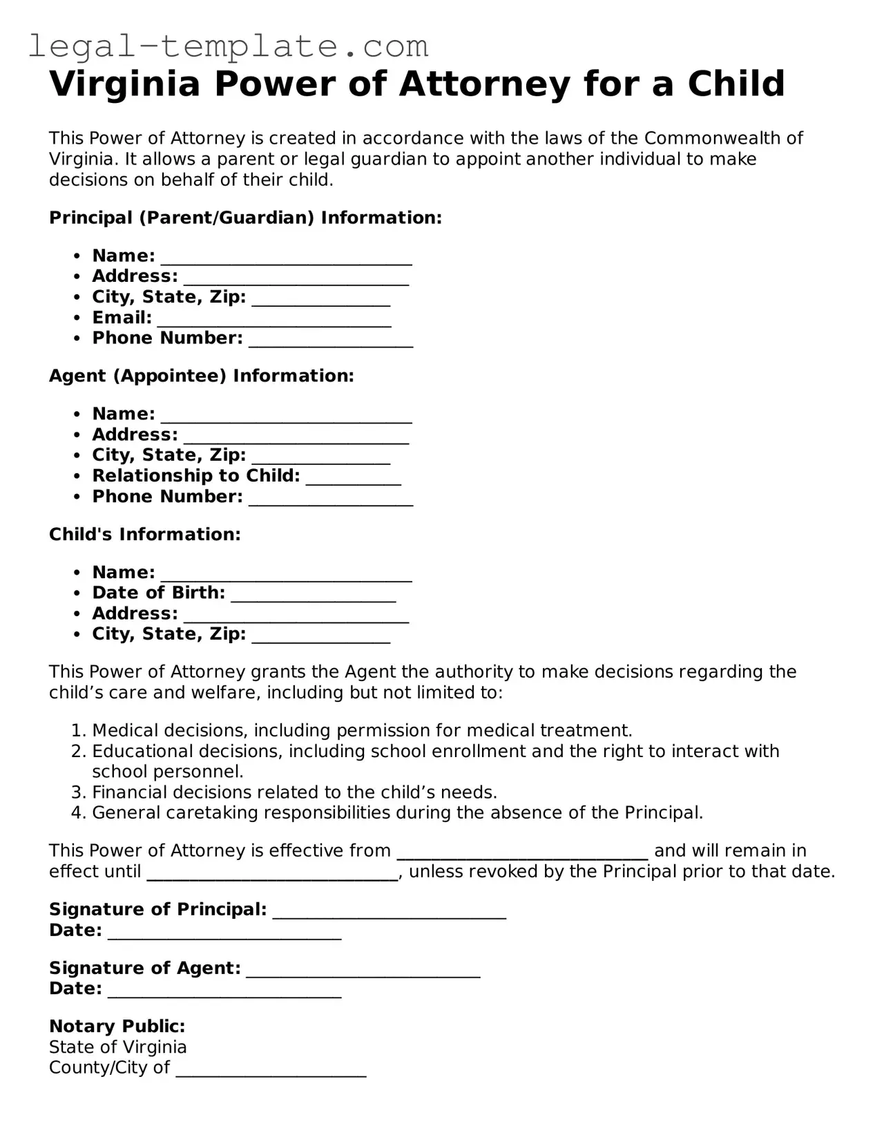 Power of Attorney for a Child Form for Virginia State