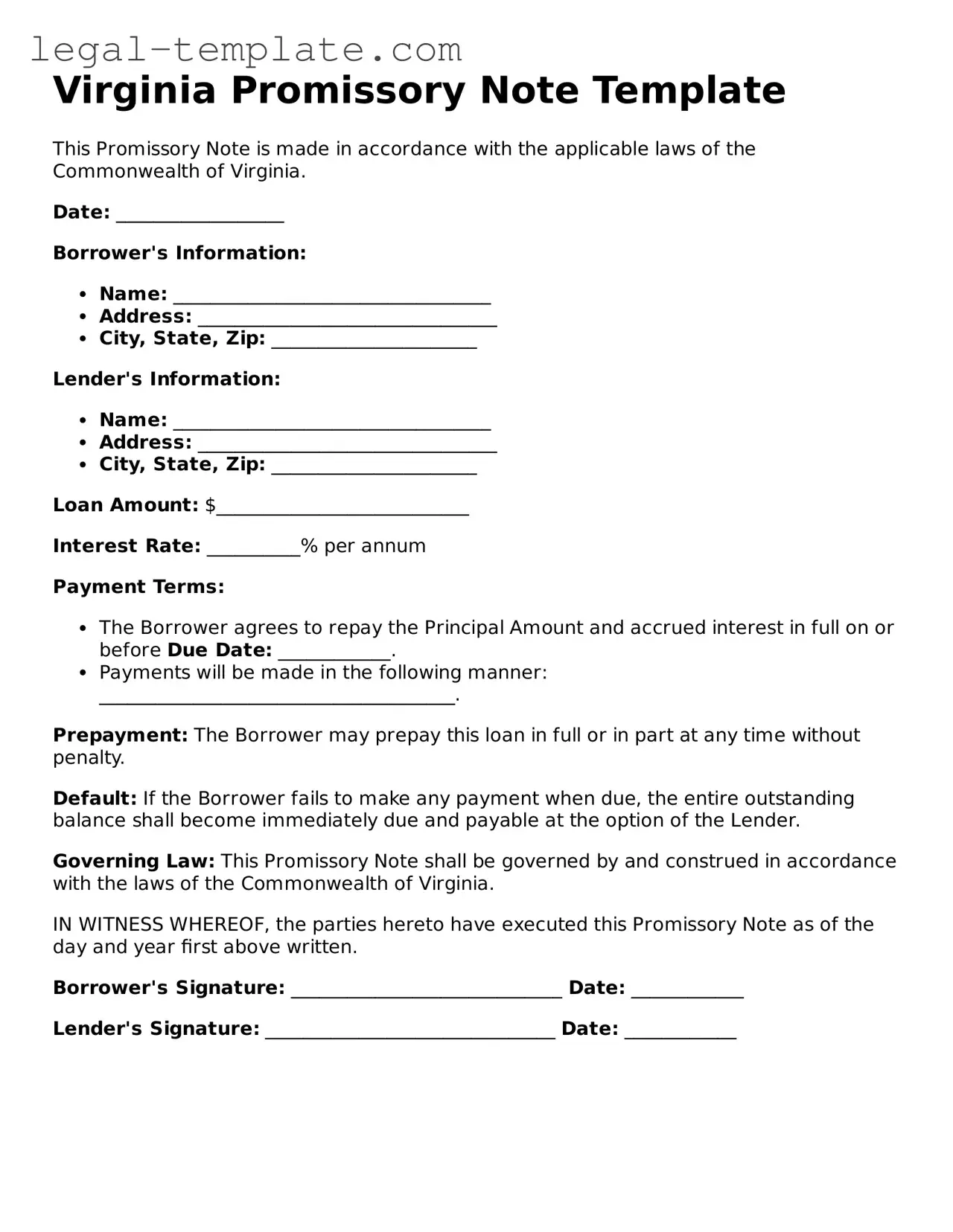 Promissory Note Form for Virginia State