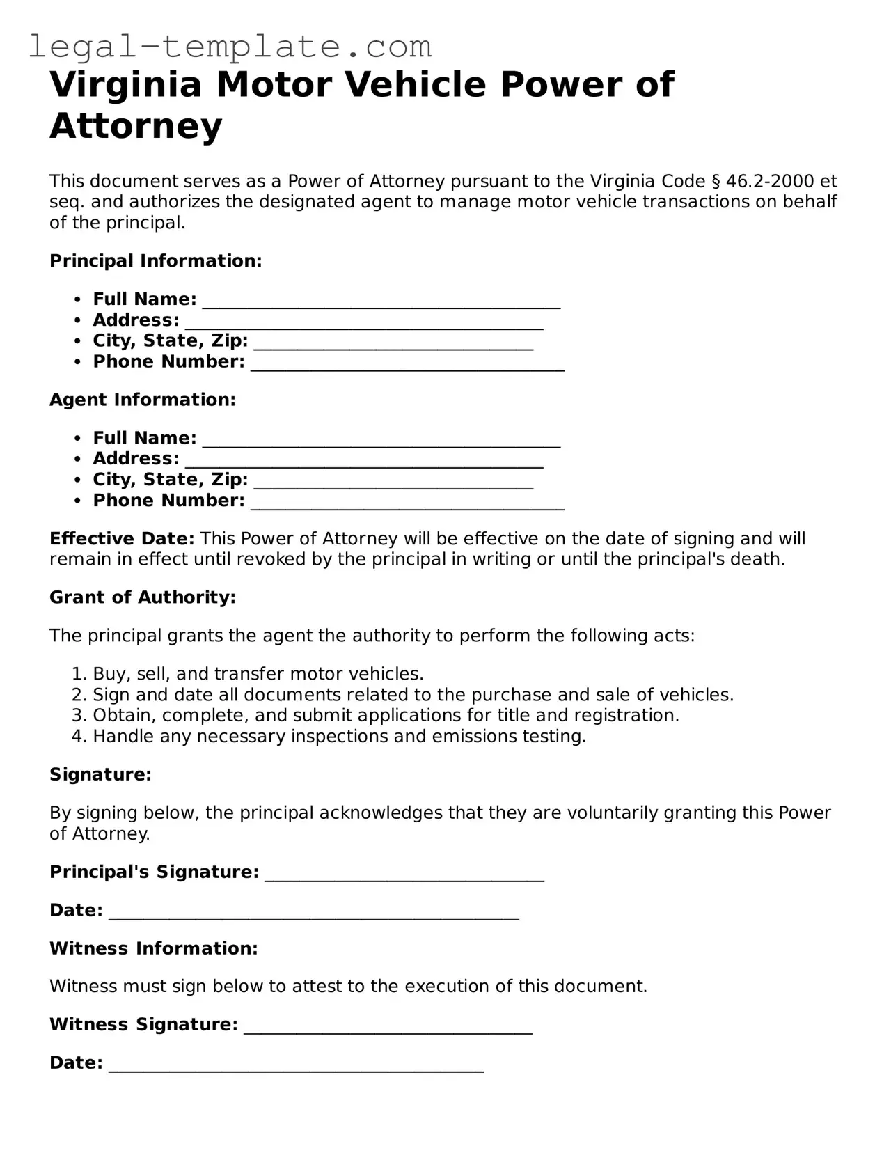 Motor Vehicle Power of Attorney Form for Virginia State