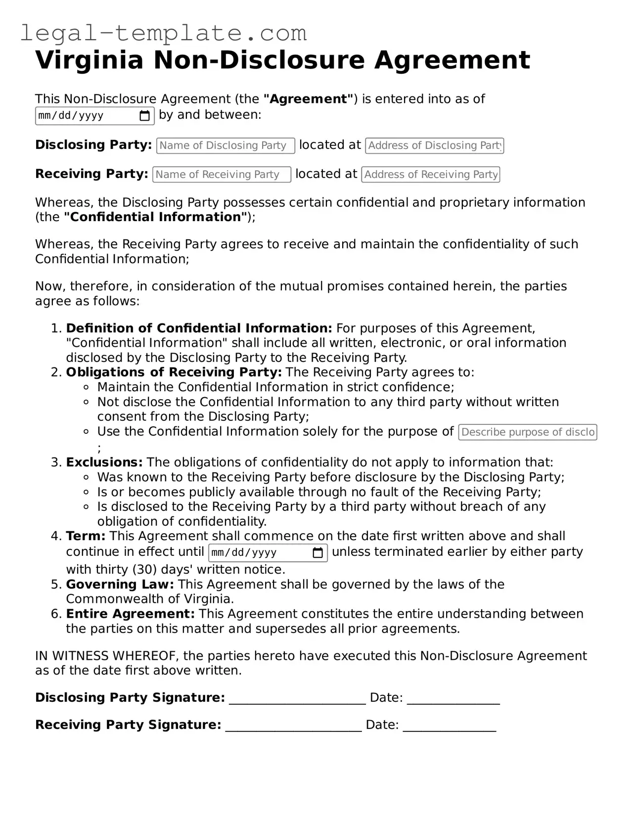 Non-disclosure Agreement Form for Virginia State