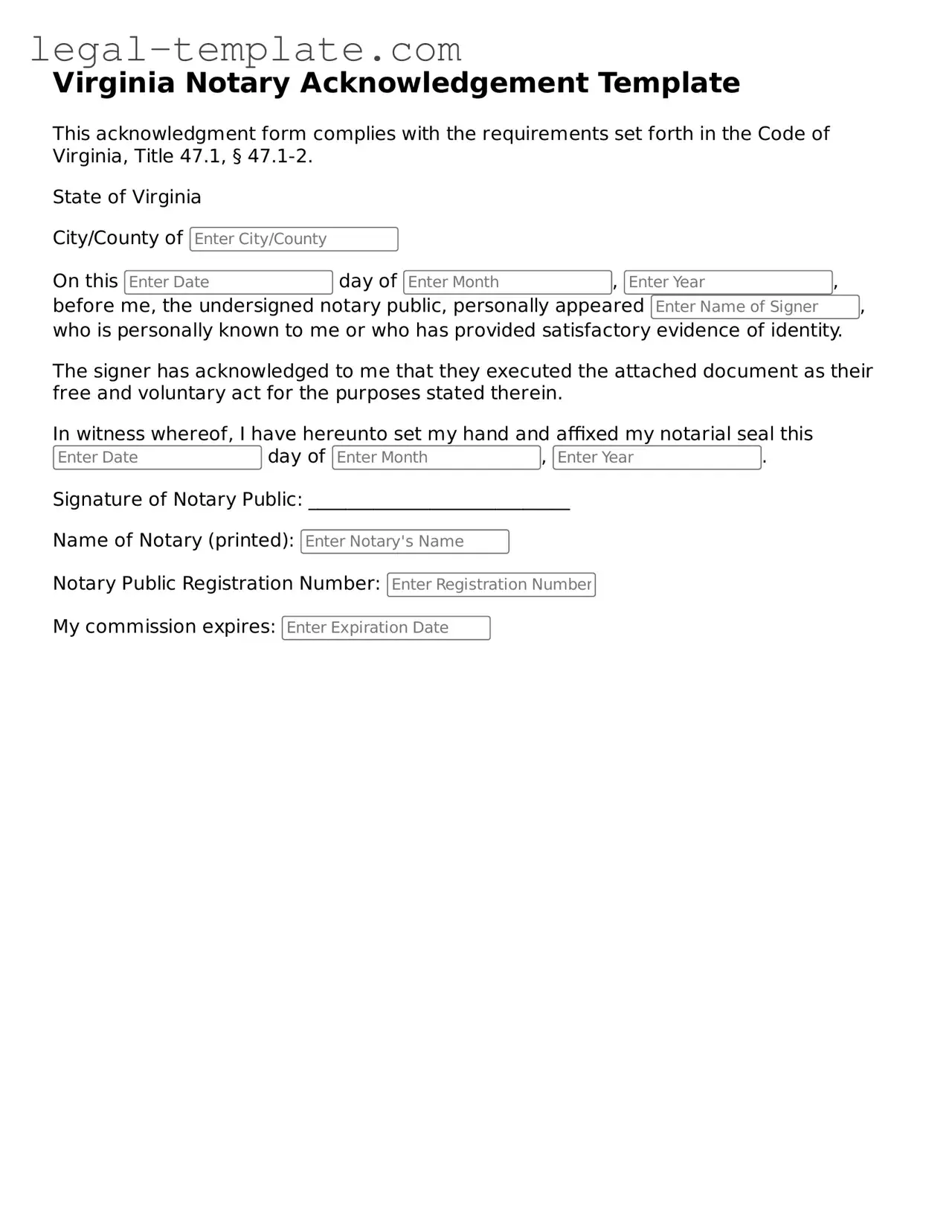Notary Acknowledgement Form for Virginia State
