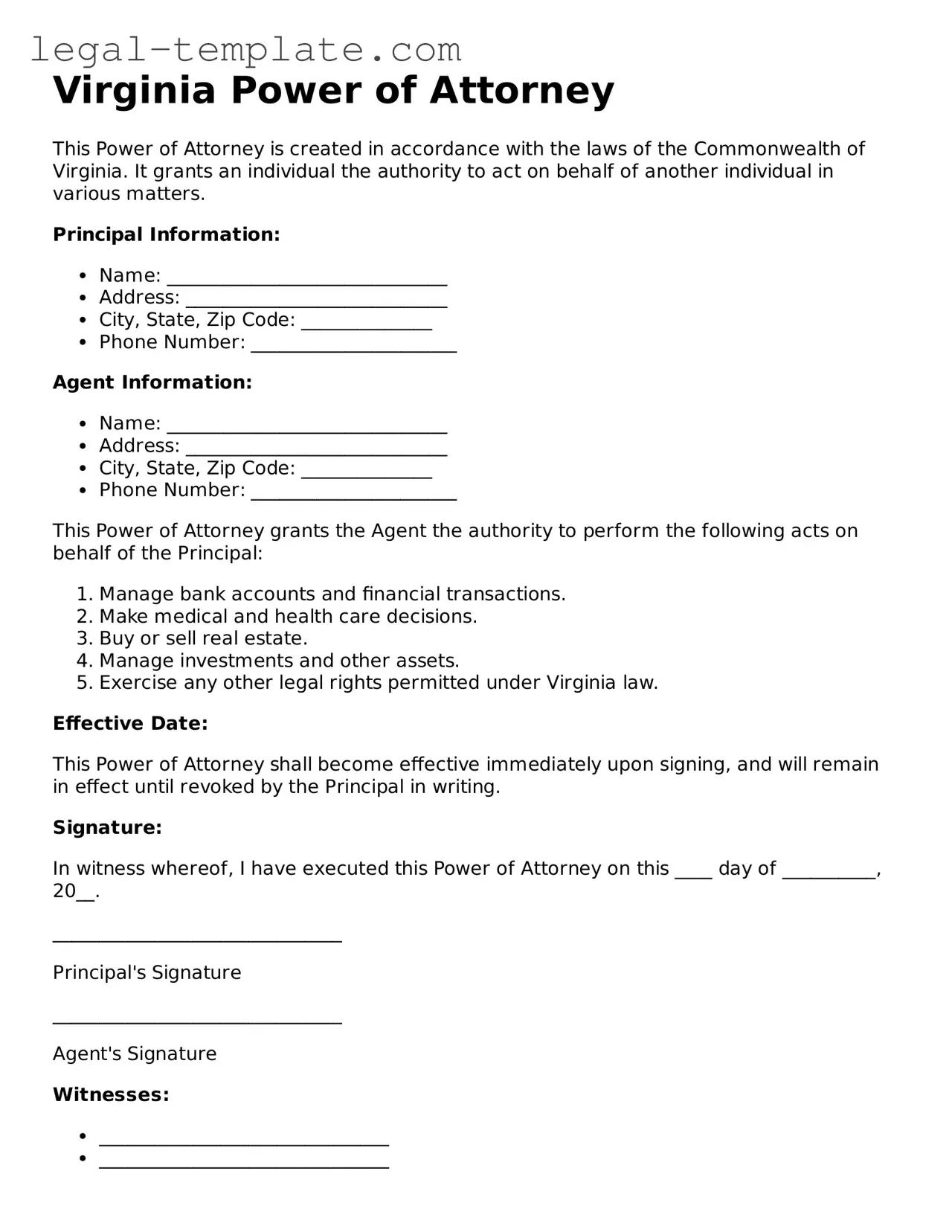 Power of Attorney Form for Virginia State