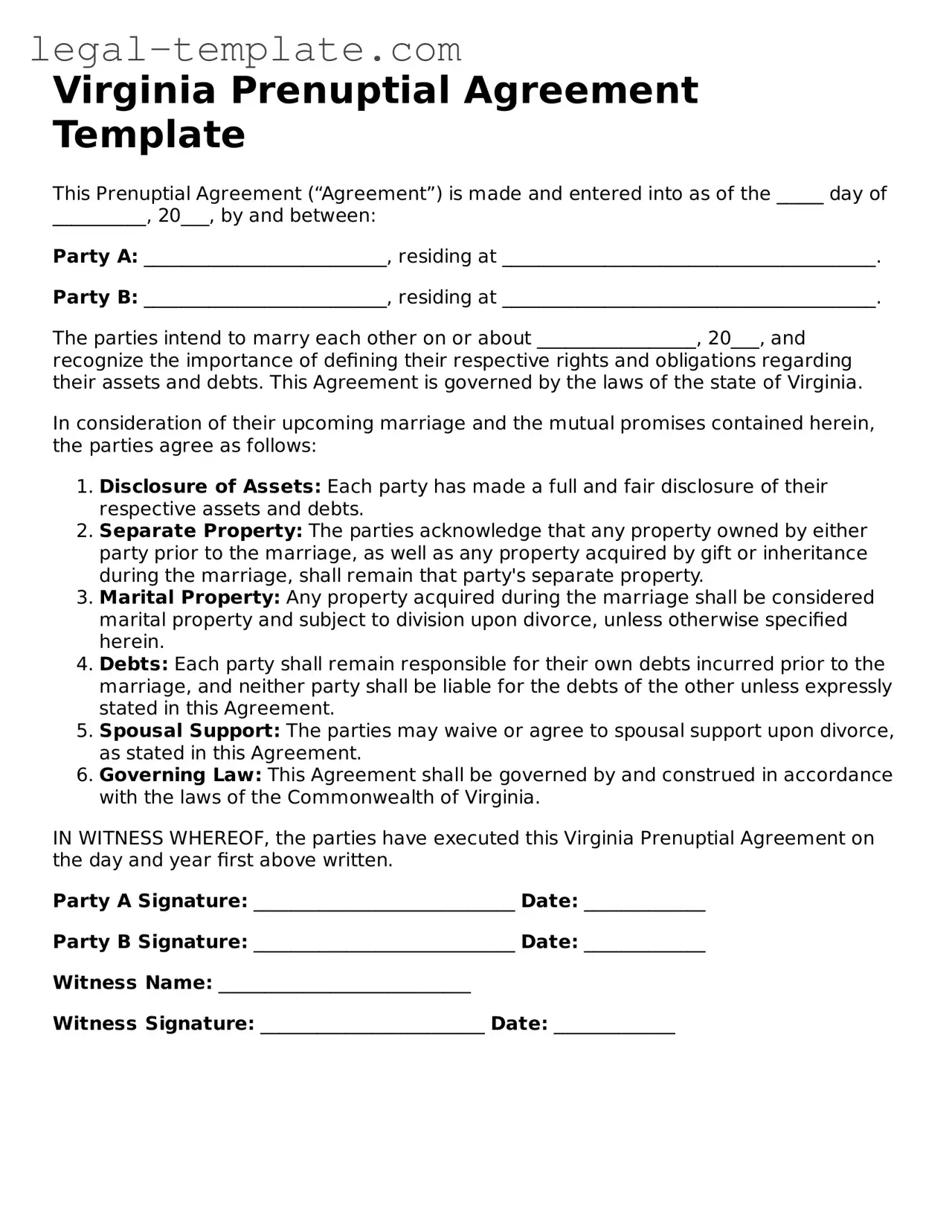 Prenuptial Agreement Form for Virginia State