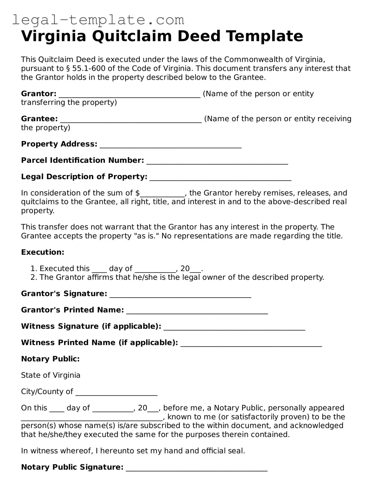 Quitclaim Deed Form for Virginia State