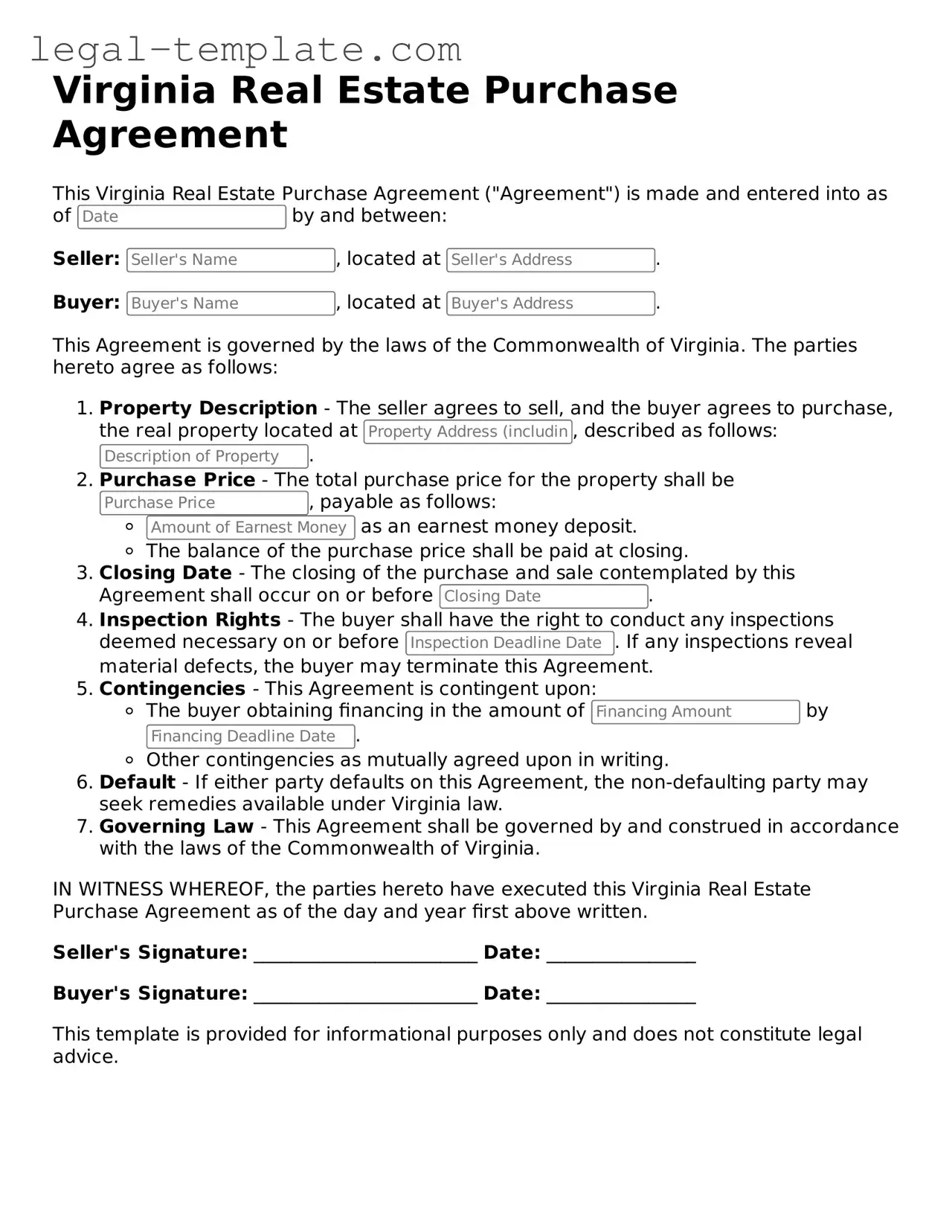 Real Estate Purchase Agreement Form for Virginia State