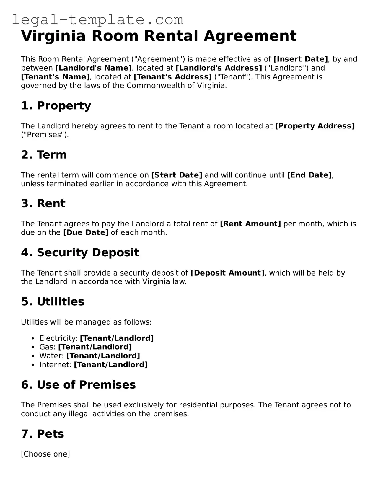 Room Rental Agreement Form for Virginia State