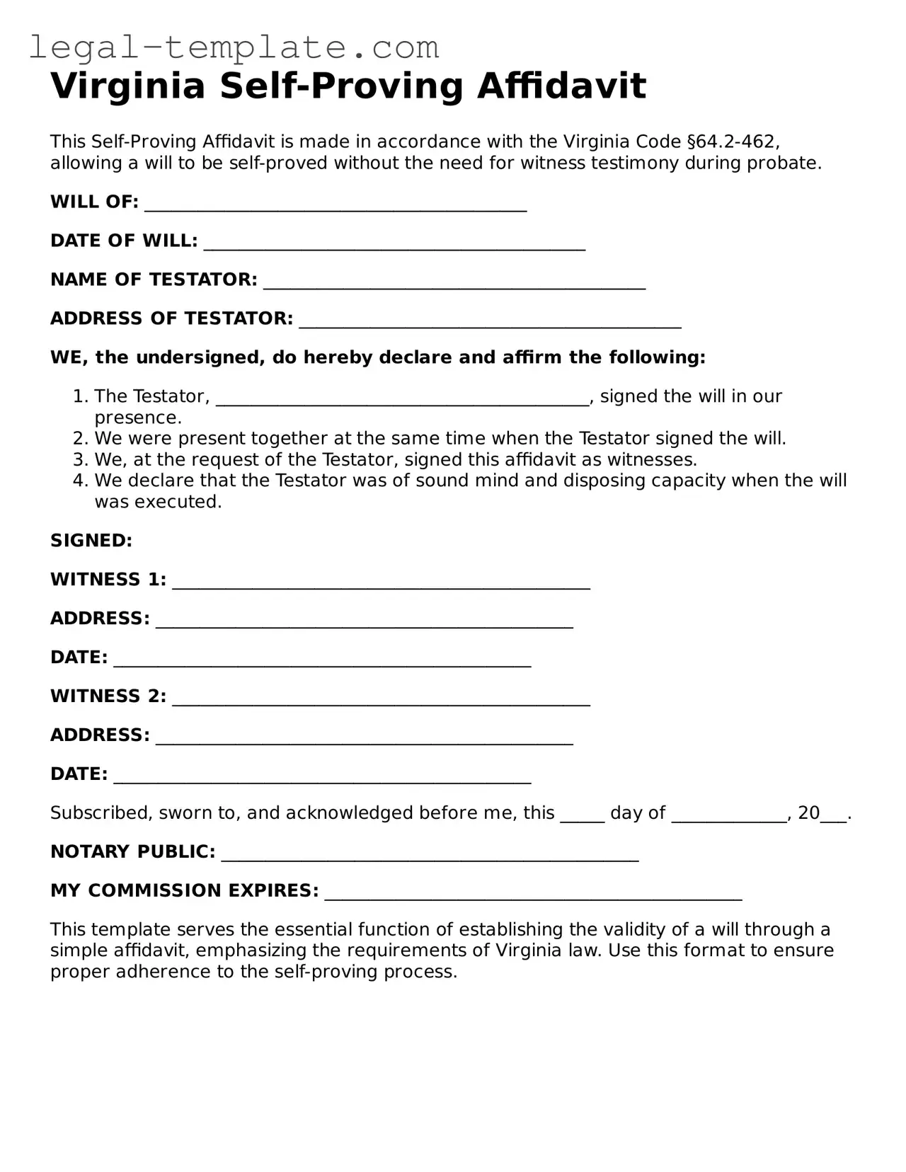 Self-Proving Affidavit Form for Virginia State