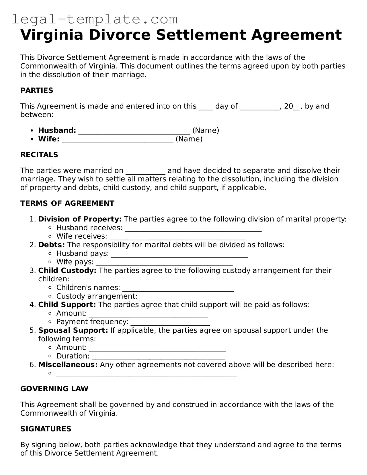 Divorce Settlement Agreement Form for Virginia State