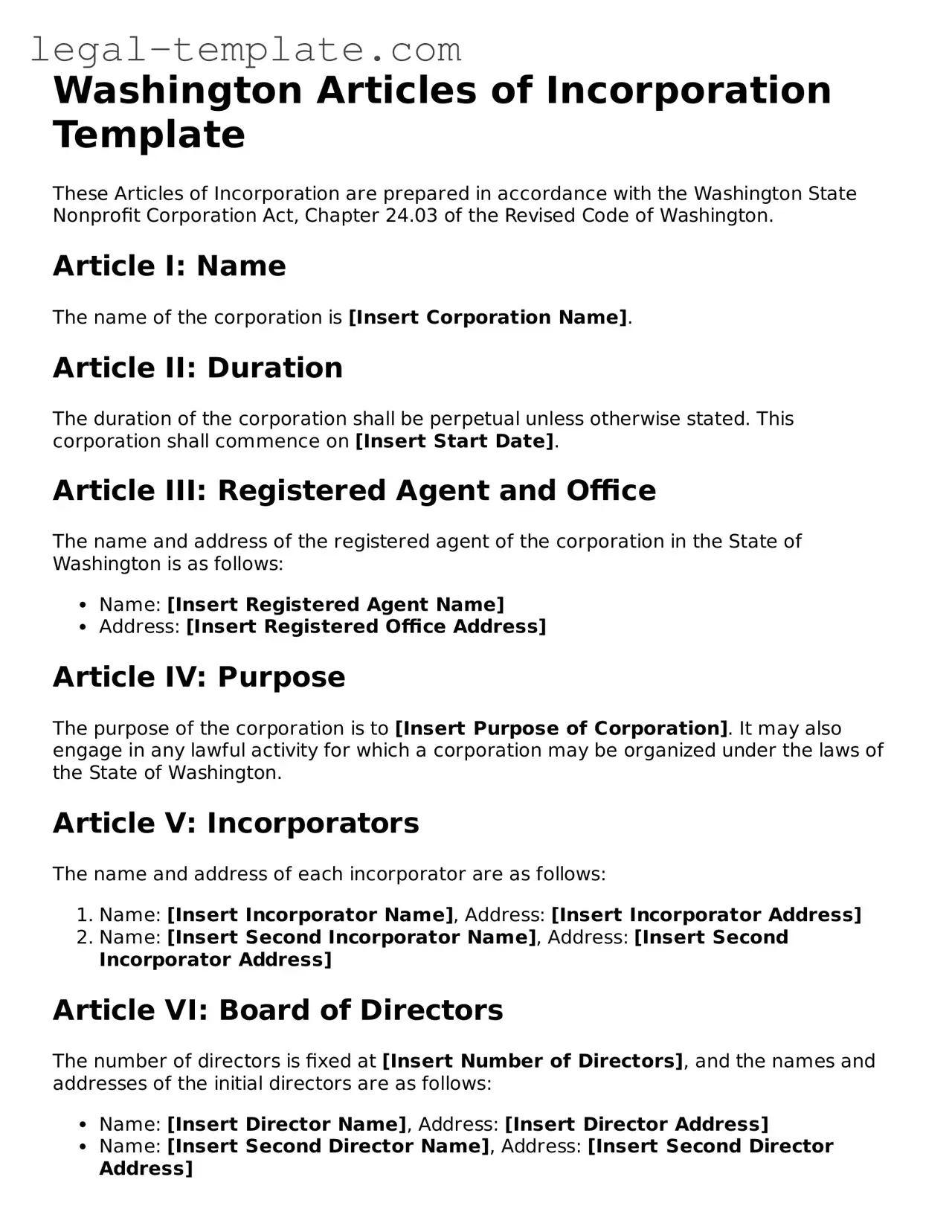 Articles of Incorporation Form for Washington State