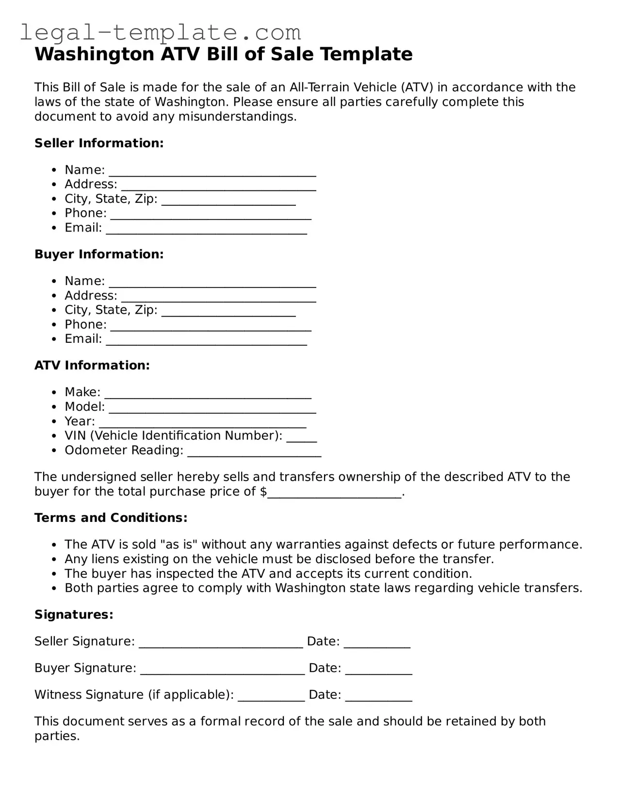 ATV Bill of Sale Form for Washington State