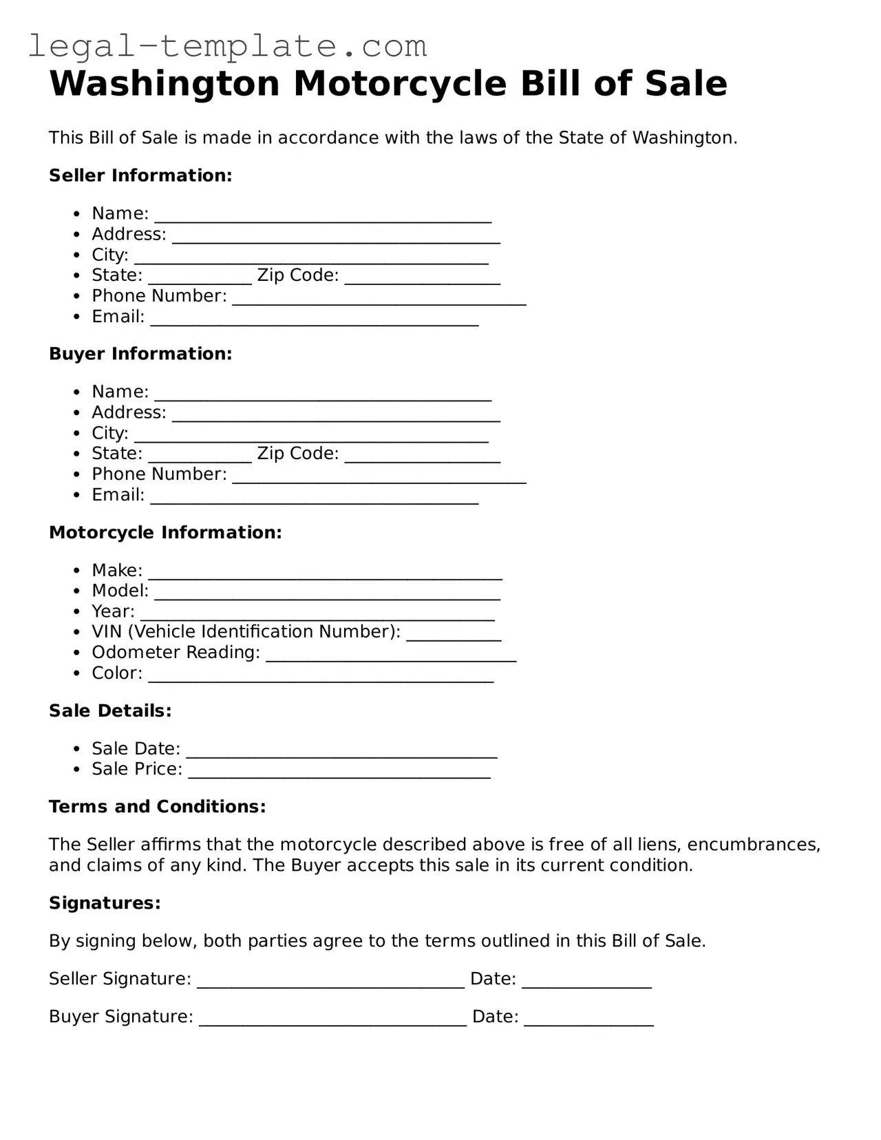 Motorcycle Bill of Sale Form for Washington State