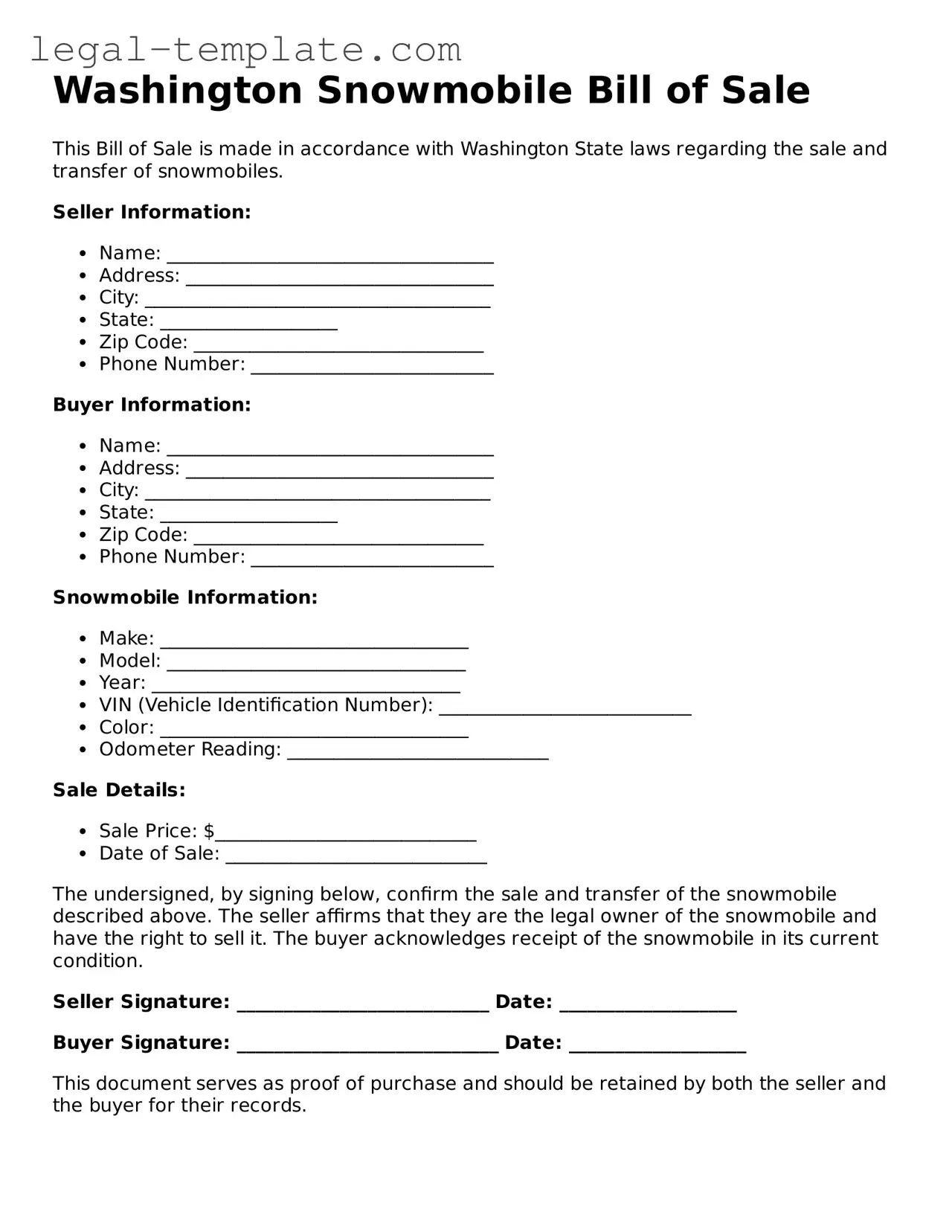 Snowmobile Bill of Sale Form for Washington State