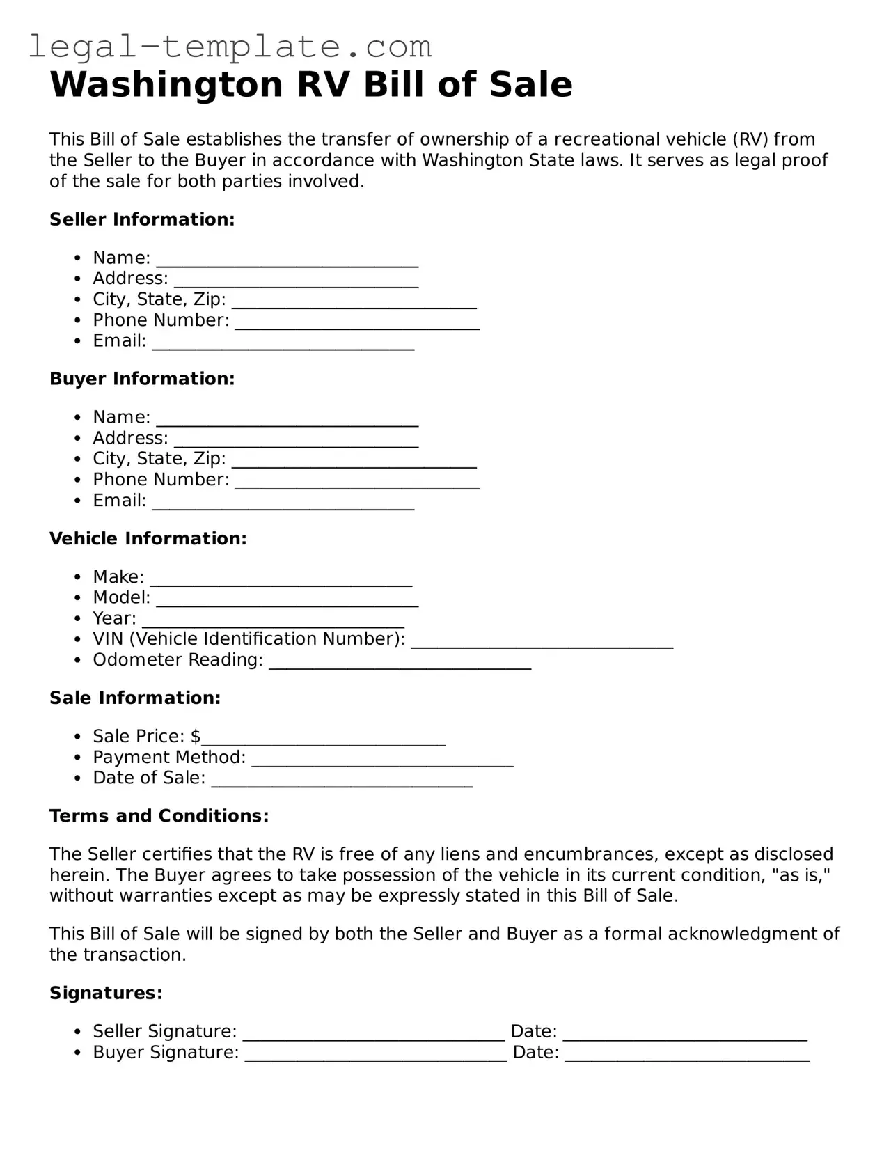 RV Bill of Sale Form for Washington State