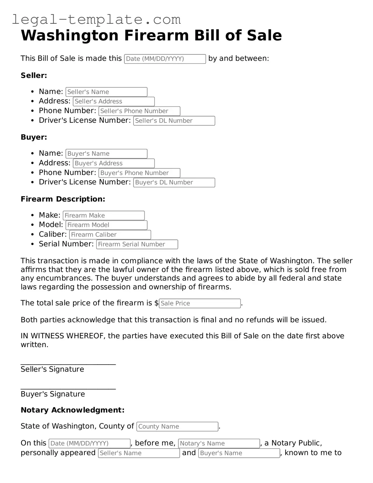 Firearm Bill of Sale Form for Washington State