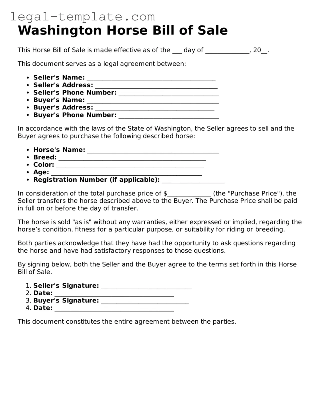 Horse Bill of Sale Form for Washington State