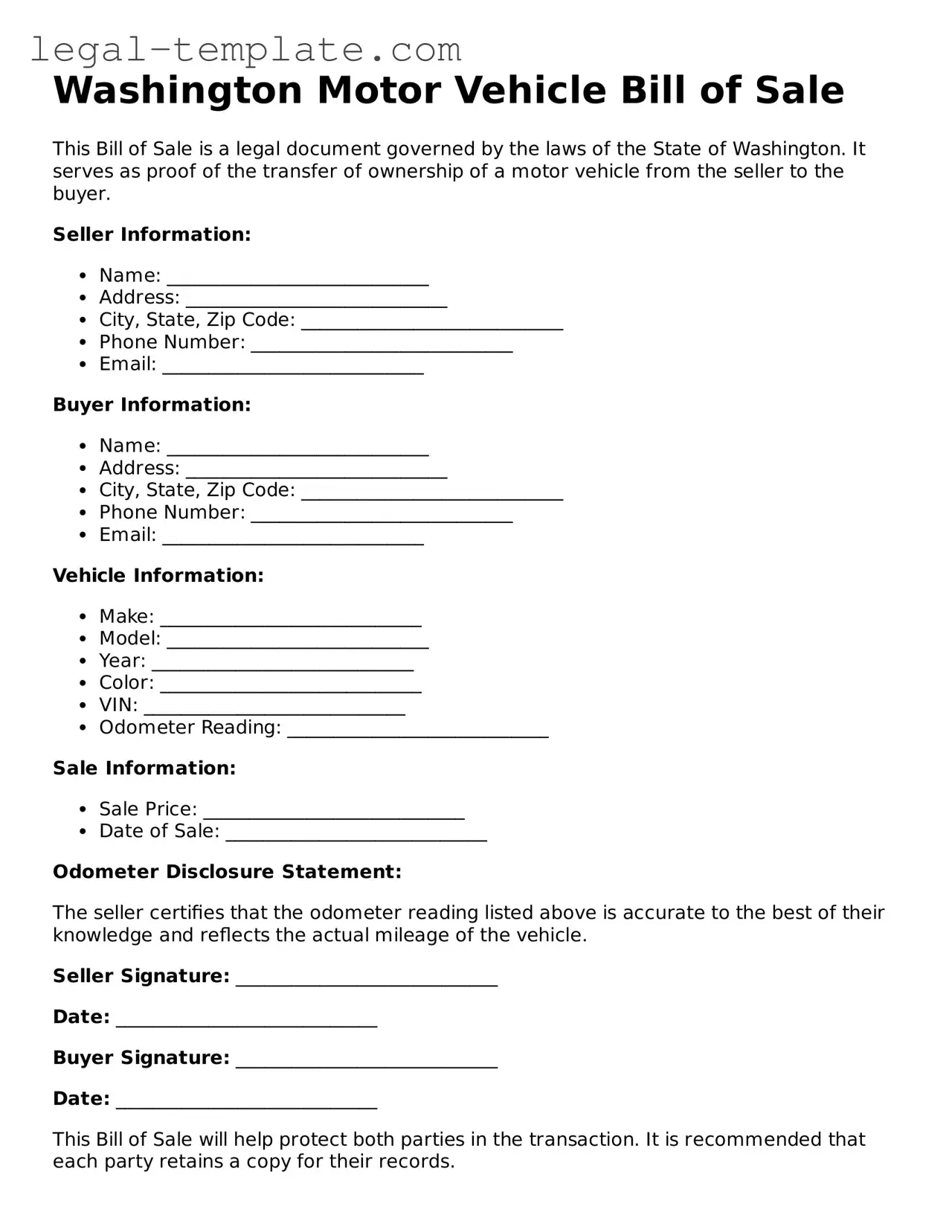 Motor Vehicle Bill of Sale Form for Washington State