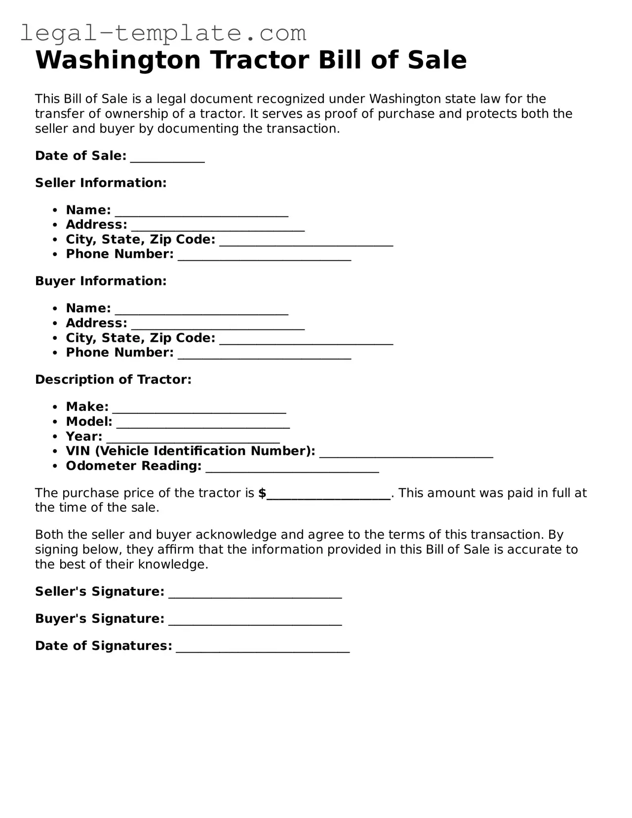 Tractor Bill of Sale Form for Washington State