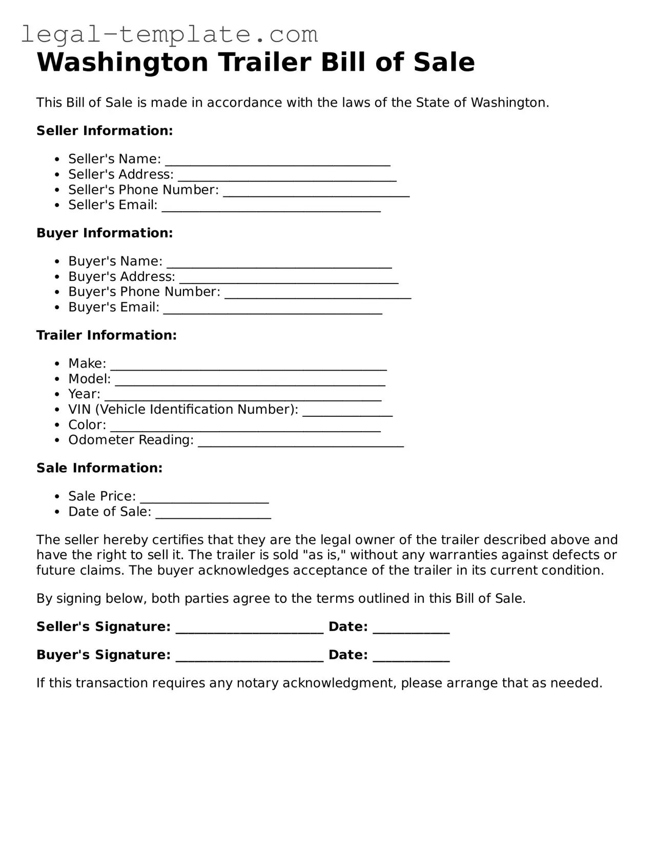 Trailer Bill of Sale Form for Washington State