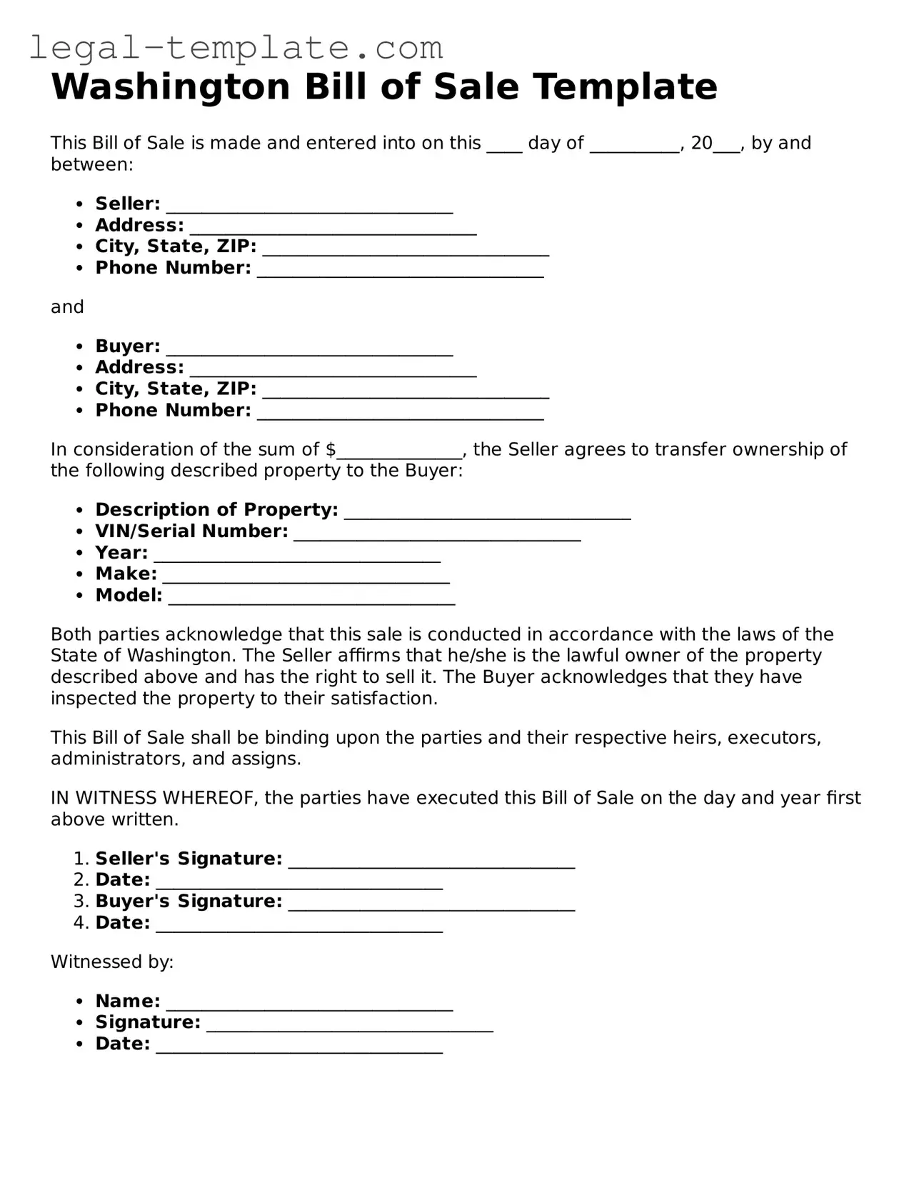 Bill of Sale Form for Washington State