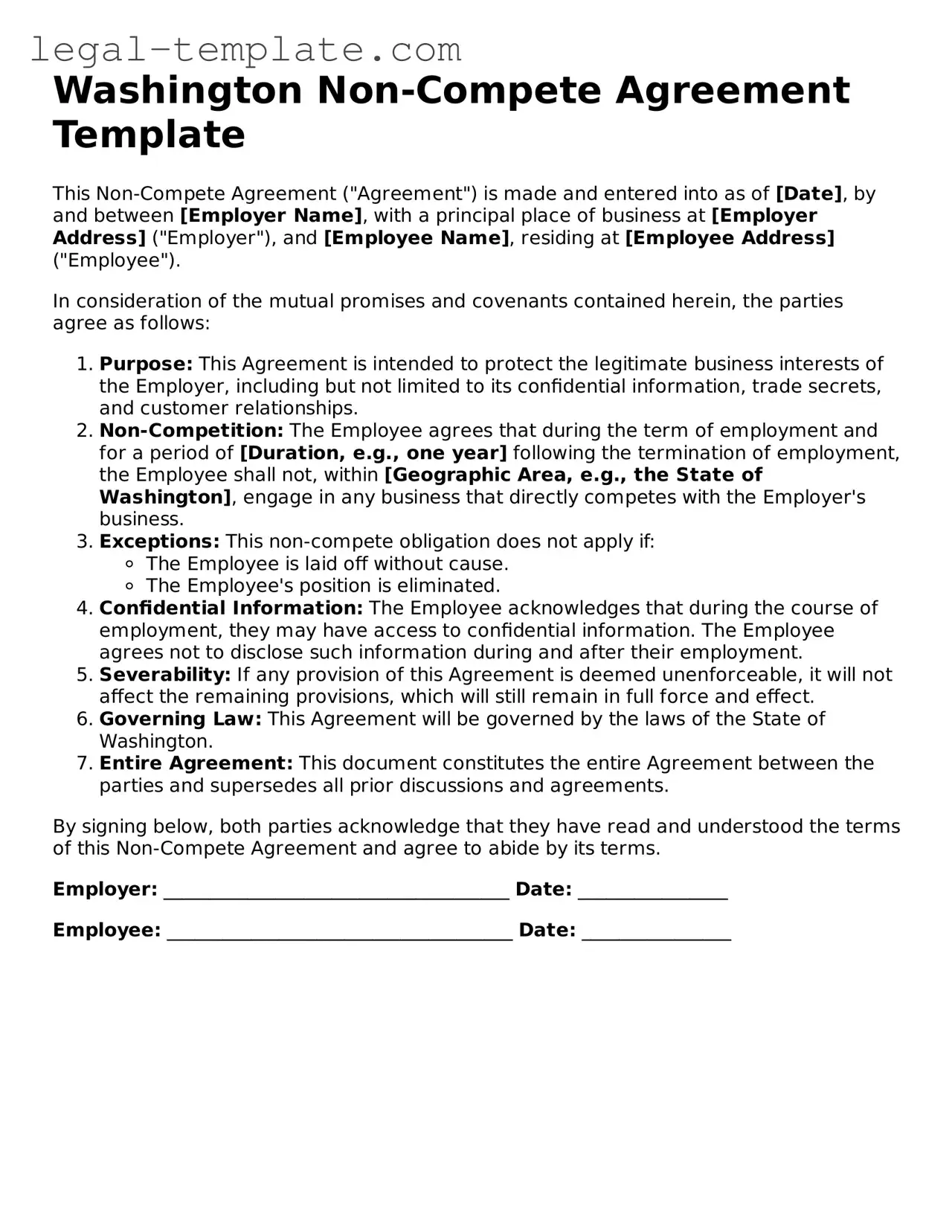 Non-compete Agreement Form for Washington State