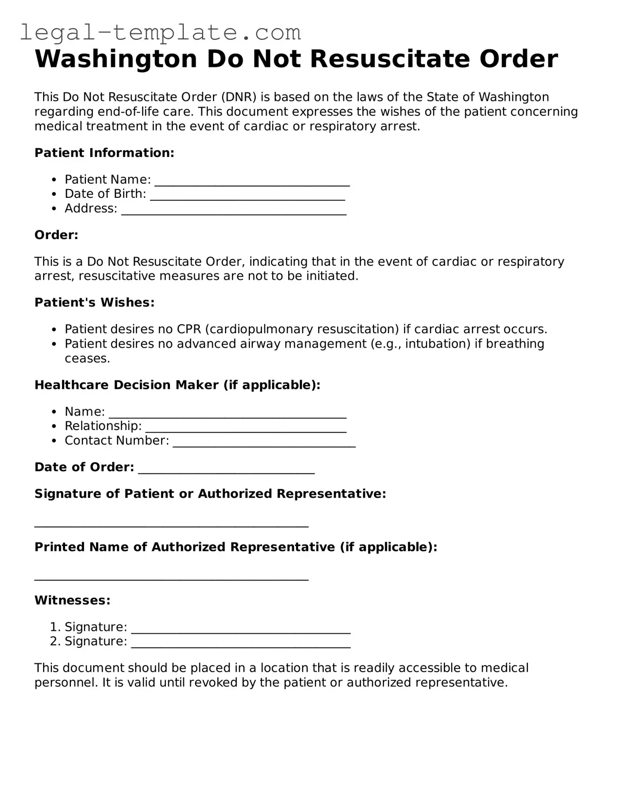 Do Not Resuscitate Order Form for Washington State